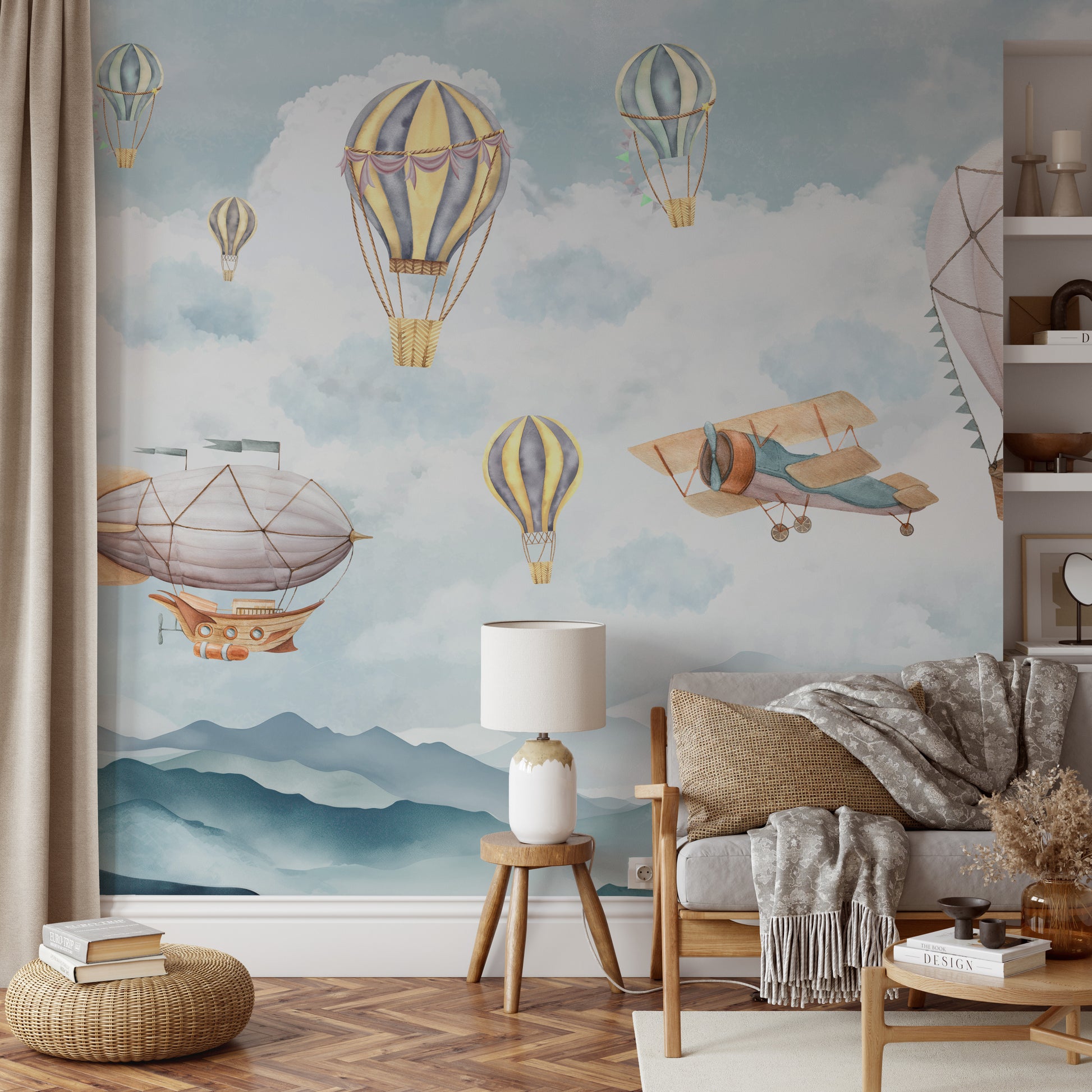 Airships and balloons sailing peacefully across soft clouds and hills.