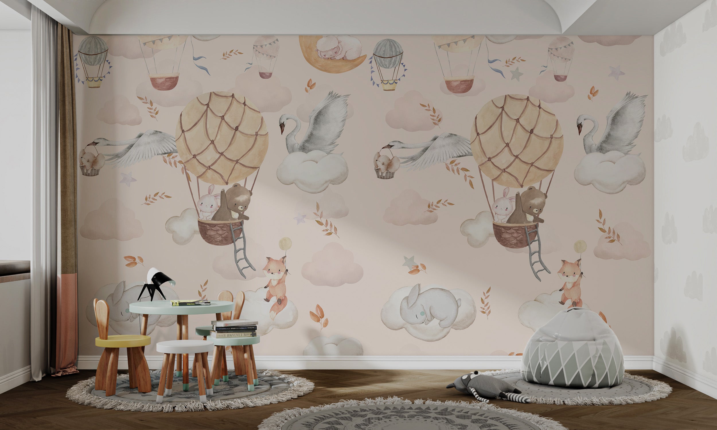 Swan gliding above clouds in a dreamy flight scene for kids’ rooms.