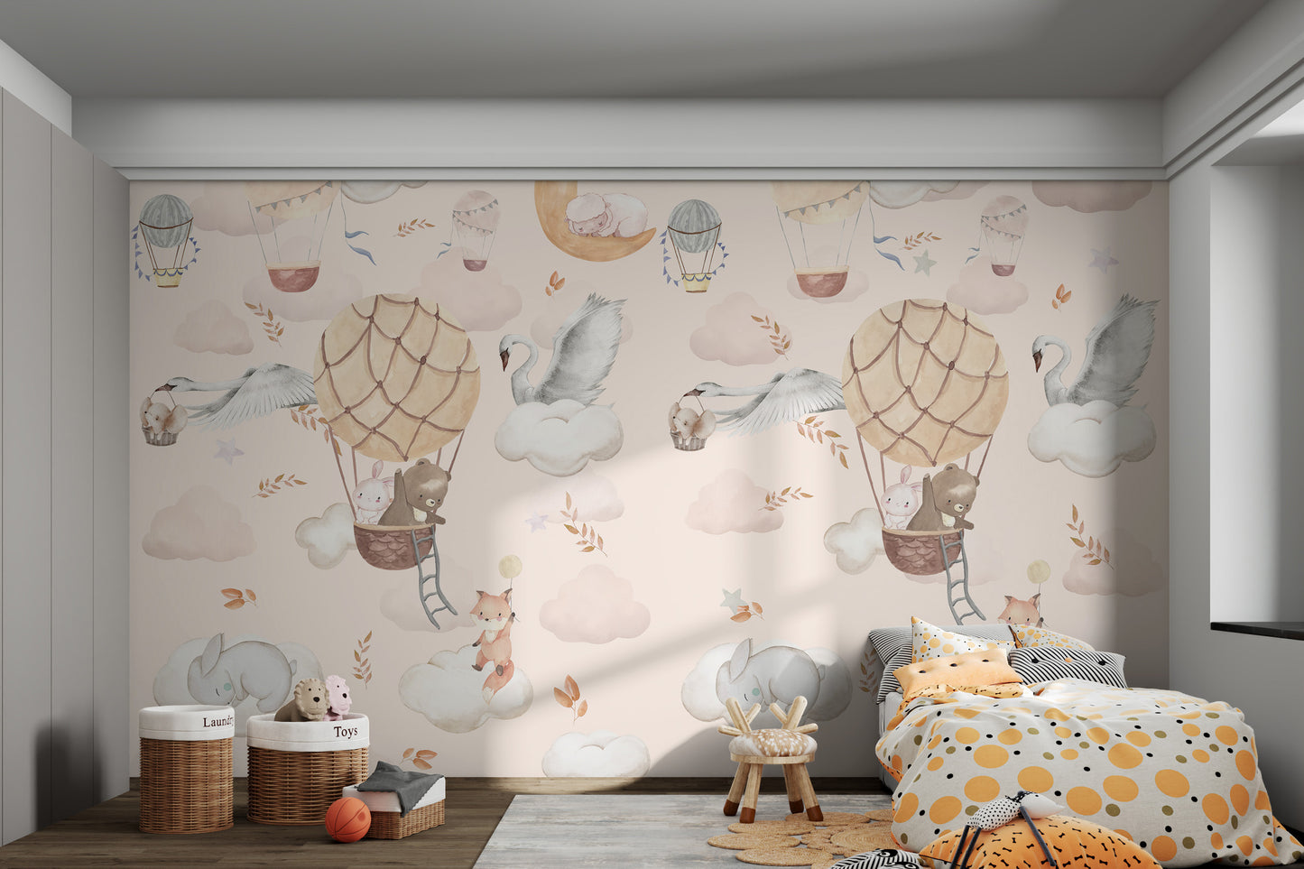 Soft pastel hot air balloon mural featuring a bear and bunny.