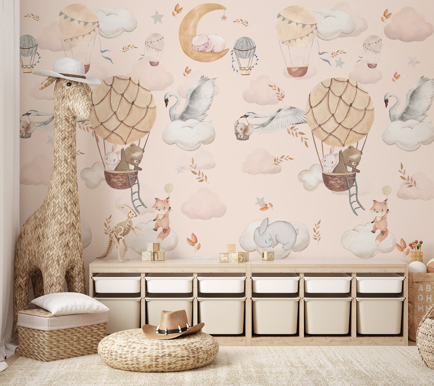 Whimsical mural with animals in hot air balloons flying among clouds.