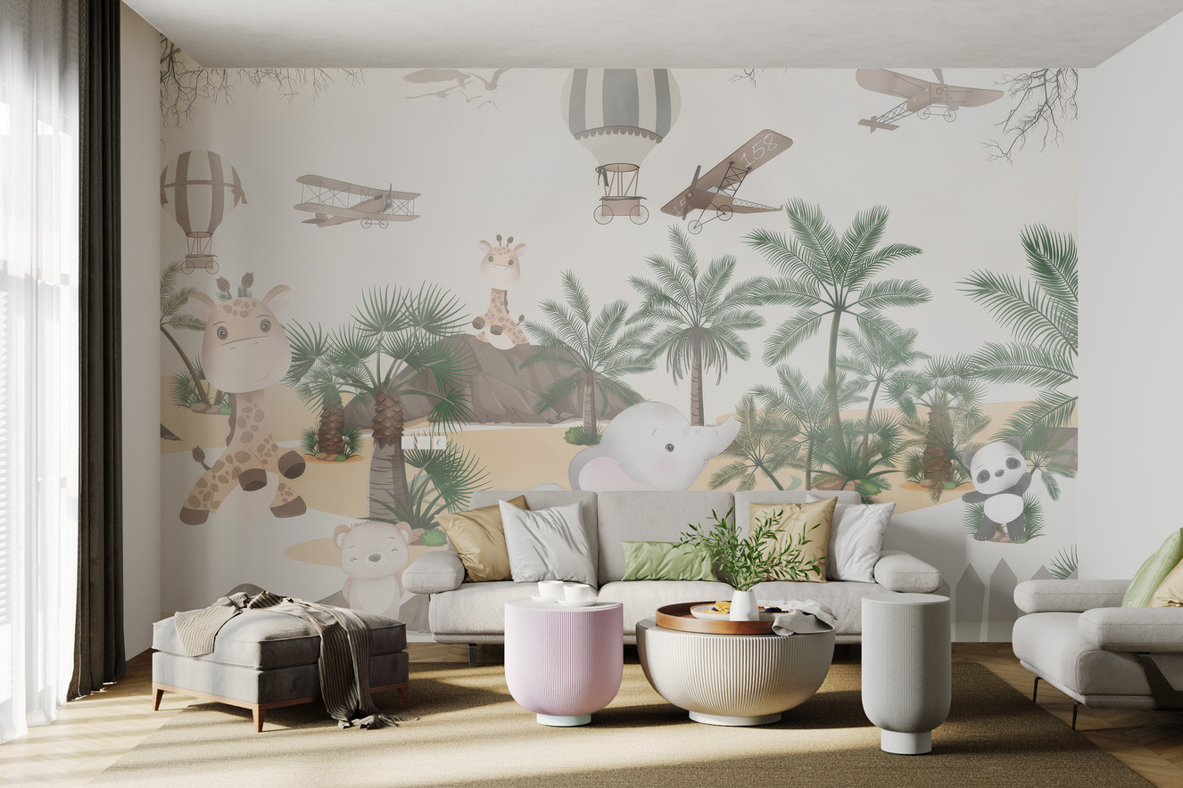 Jungle-themed wall mural with playful giraffes, elephants, and palm trees.