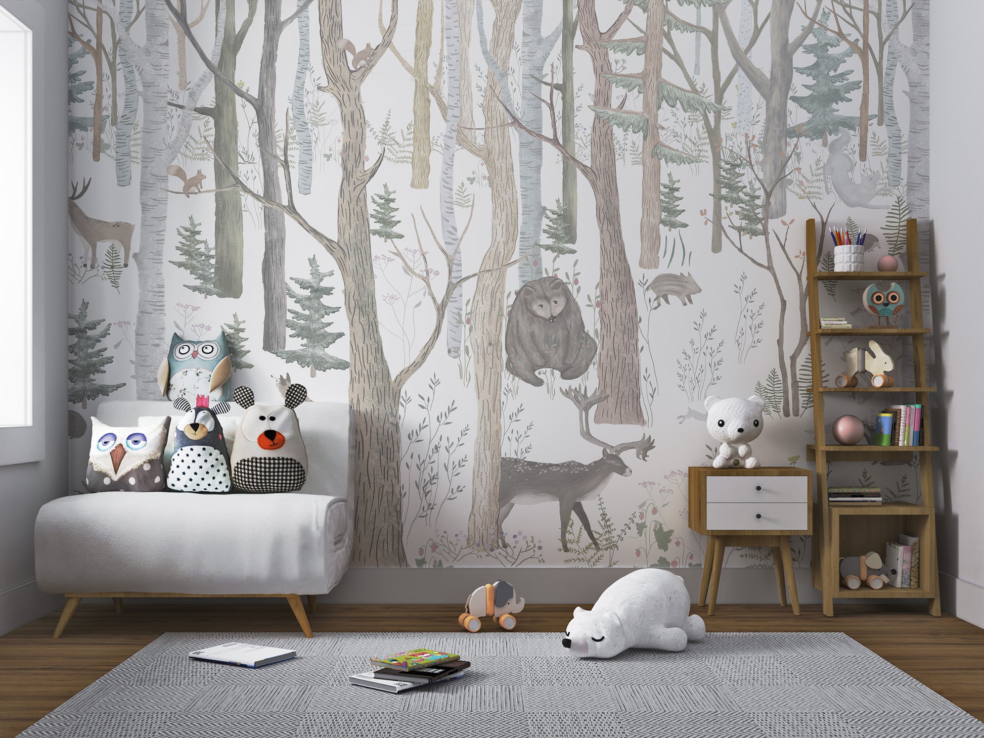 Forest wallpaper mural with rabbits, deer, and trees in muted natural colors.