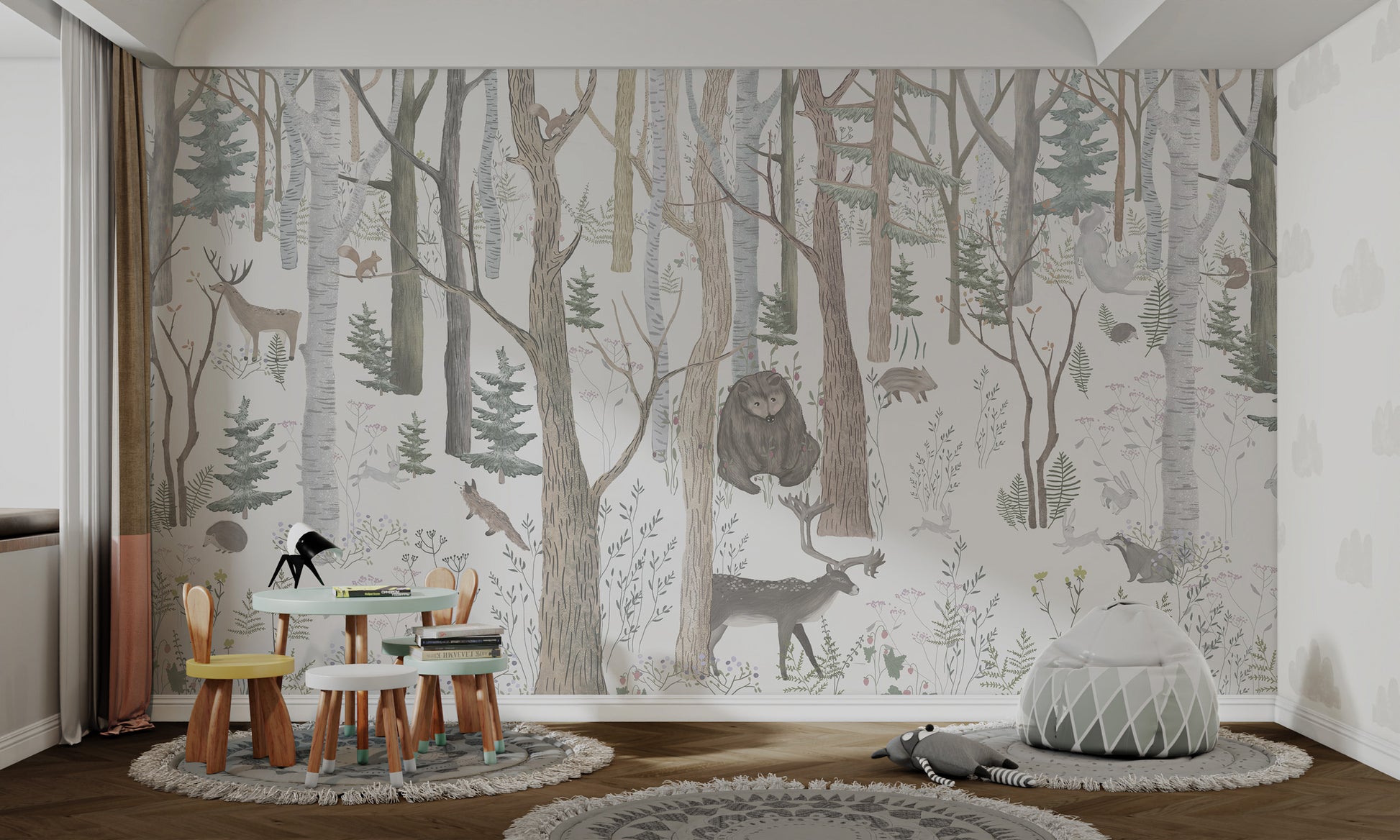 Woodland mural with bear, rabbits, and other animals in a peaceful forest.