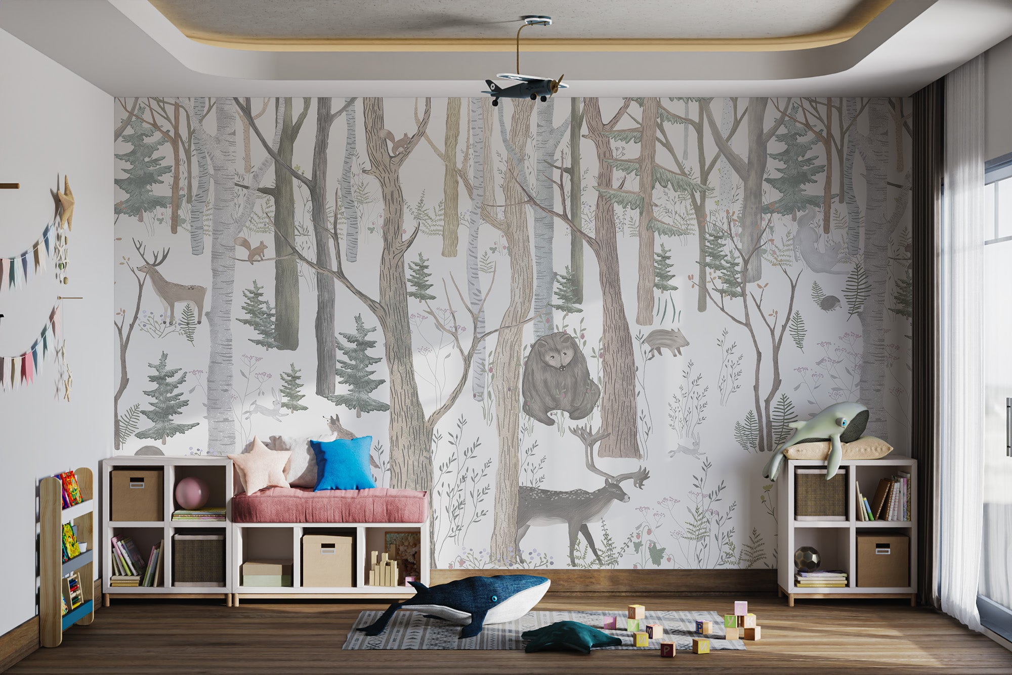 Forest mural with animals and greenery, creating a whimsical natural setting.