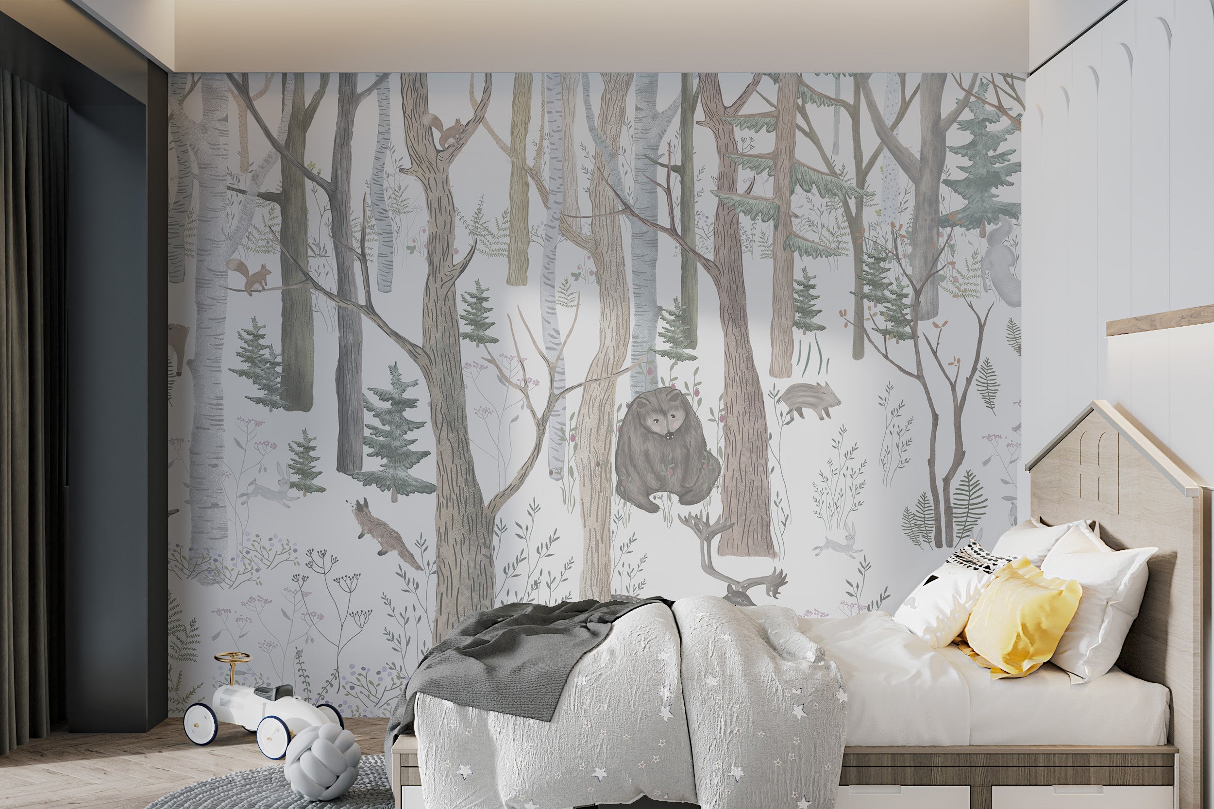 Enchanted forest mural with playful animals and lush greenery.