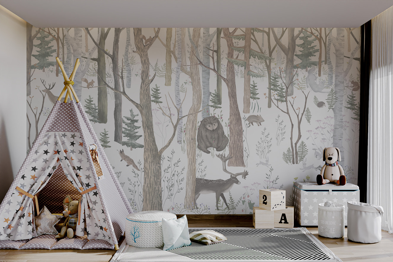 Mystical forest mural with rabbits, bears, deer, and squirrels amidst tall trees.