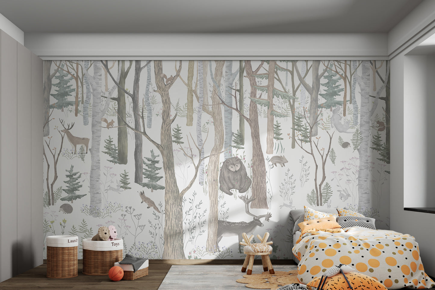 Scenic forest wallpaper showing squirrels, rabbits, and bears among trees.