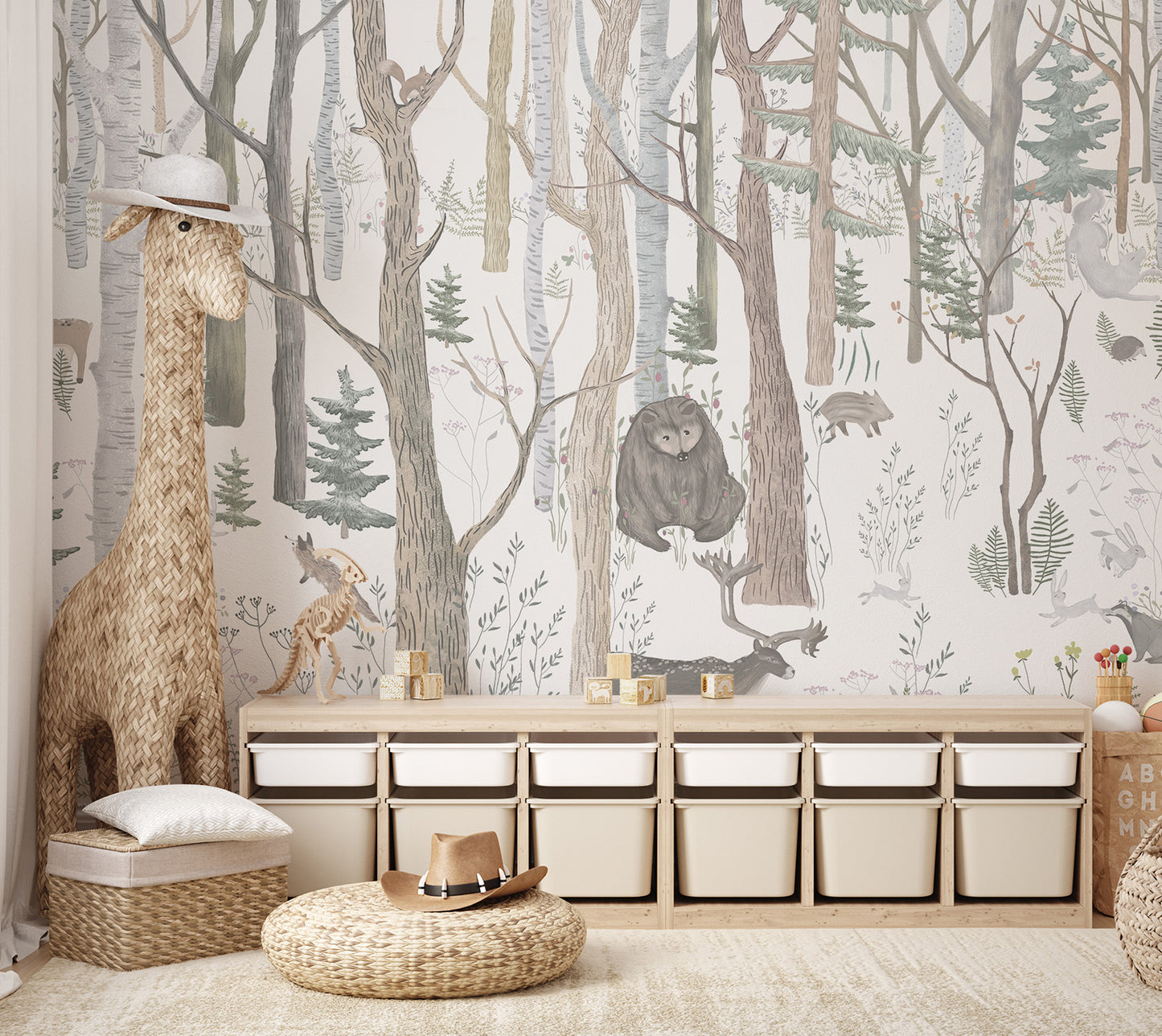 Serene forest scene mural with deer, squirrels, and playful rabbits.