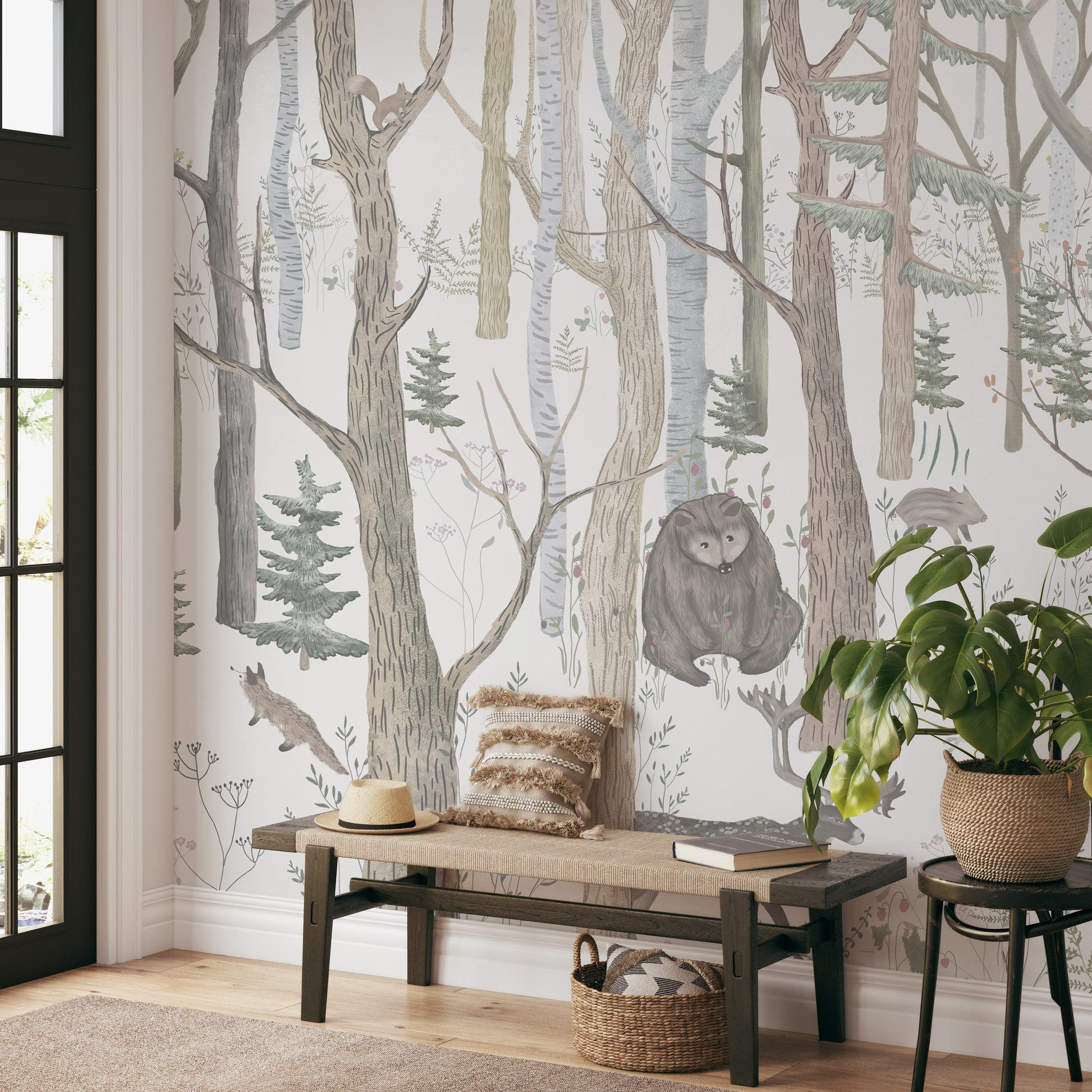 Enchanting forest wallpaper showcasing bears, rabbits, and deer among birch trees.