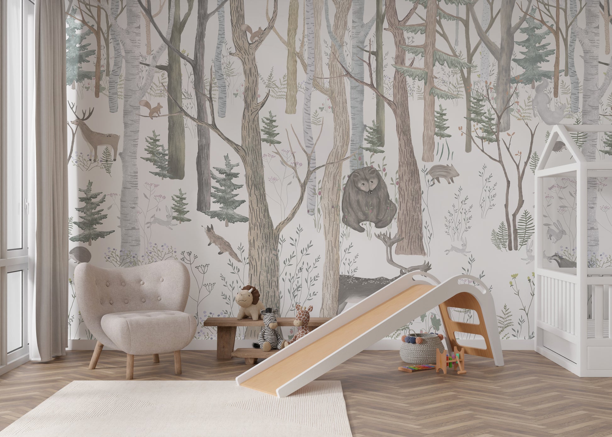 Whimsical woodland mural featuring forest animals like rabbits, bears, and deer.