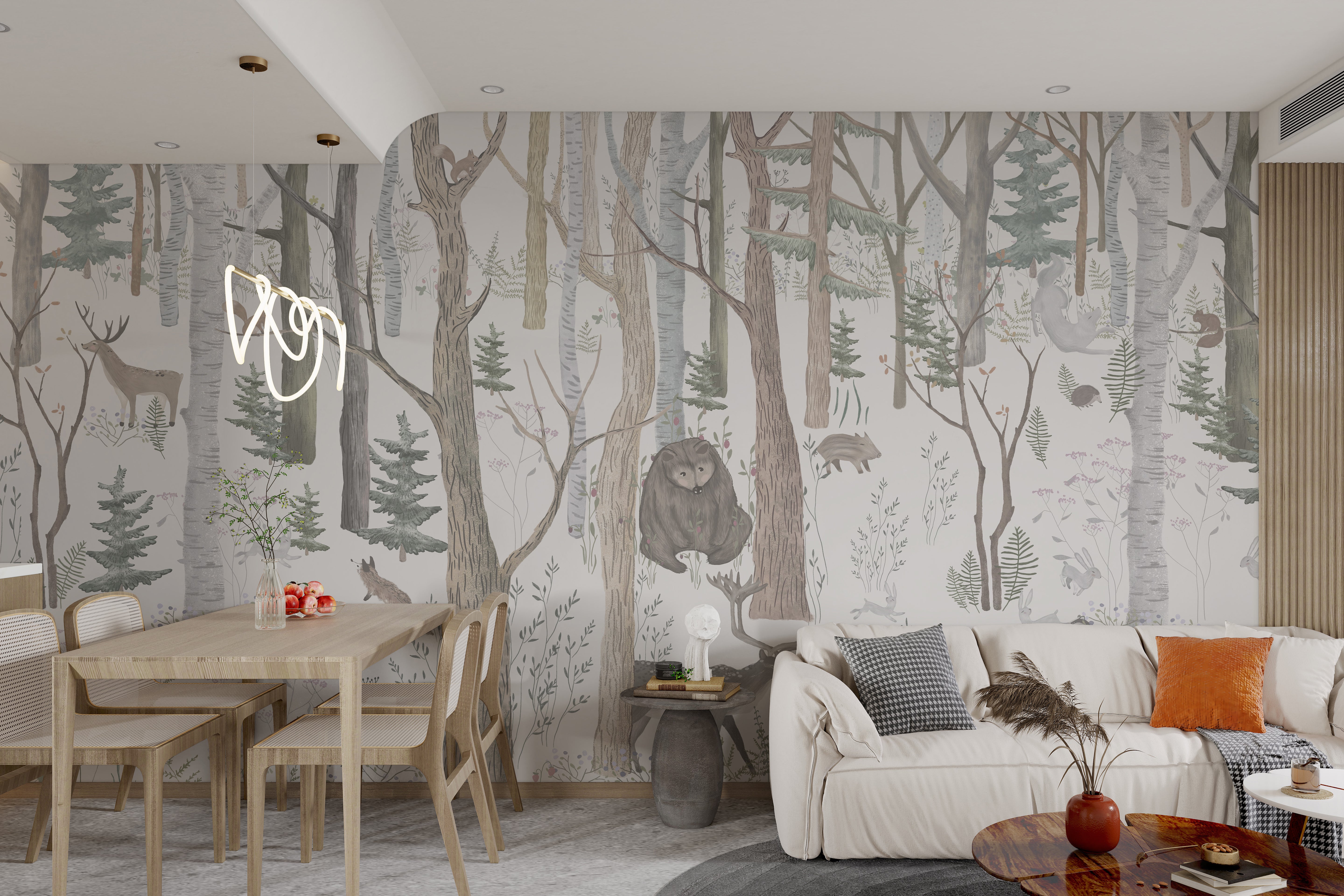 Woodland animals mural with rabbits, bears, and a deer in the forest.