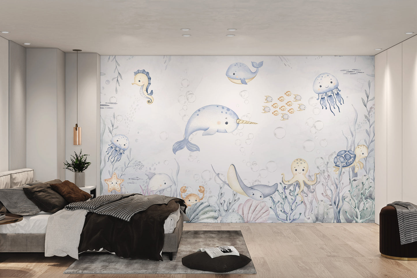 Blue whale and octopus explore the sea in this charming wallpaper mural design.