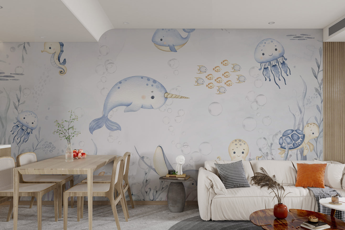 Starfish, crab, and jellyfish complement the ocean life mural with vibrant details.