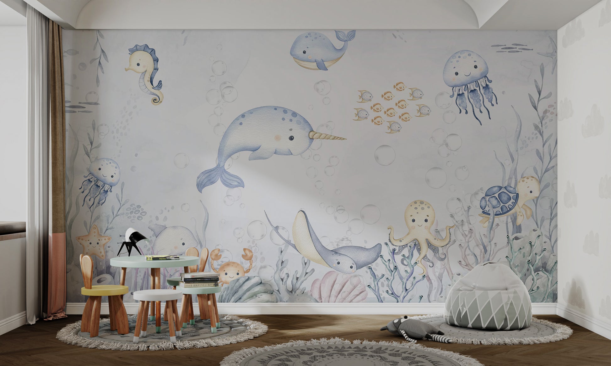 Happy narwhal swimming with fish and jellyfish in an underwater adventure mural.