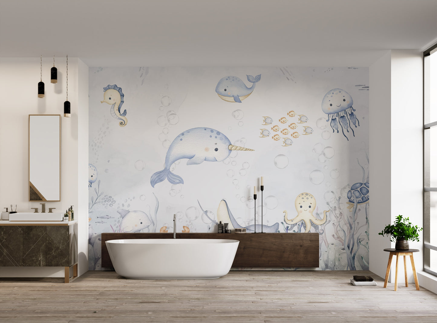 Playful narwhal swimming among sea creatures in an underwater kids wallpaper mural.