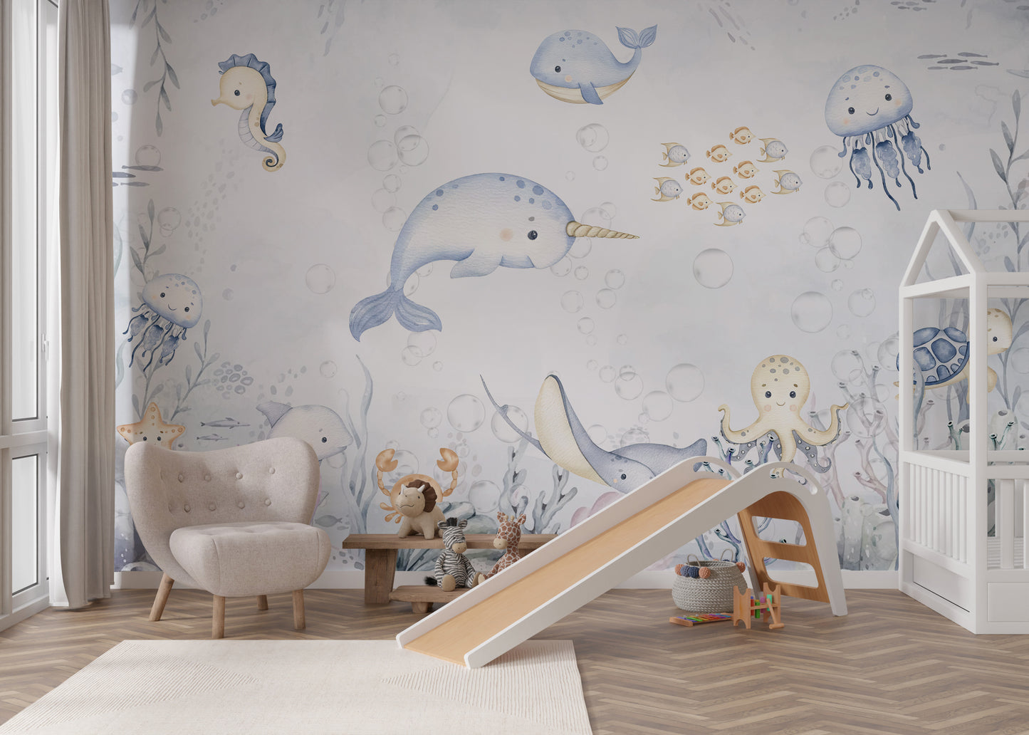 Narwhal and friendly fish playing in bubbly waters on a kids' ocean wallpaper.