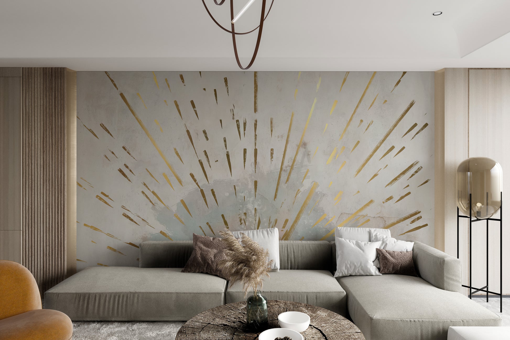 Sunrise mural with metallic gold rays spreading across a muted wallpaper.