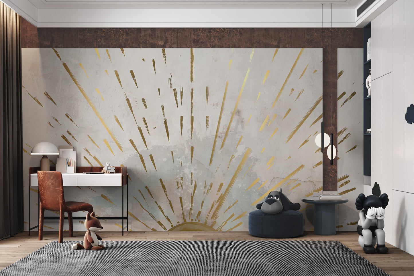 Abstract sunrise with metallic gold accents on a textured beige background.