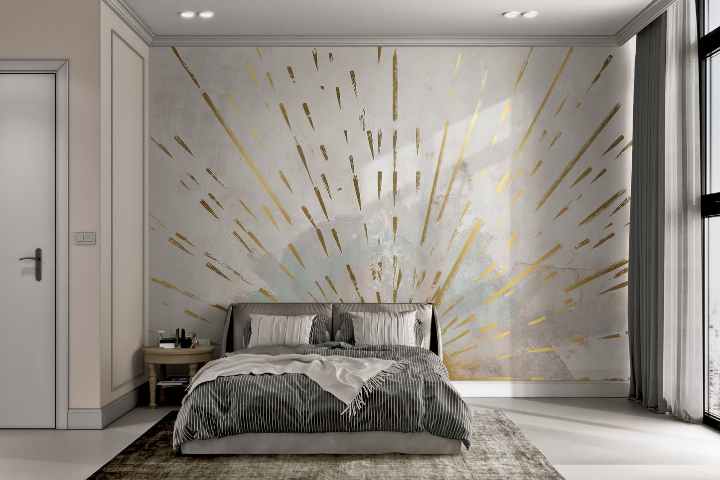 Radiating gold beams creating a sunrise effect on a soft-toned mural.