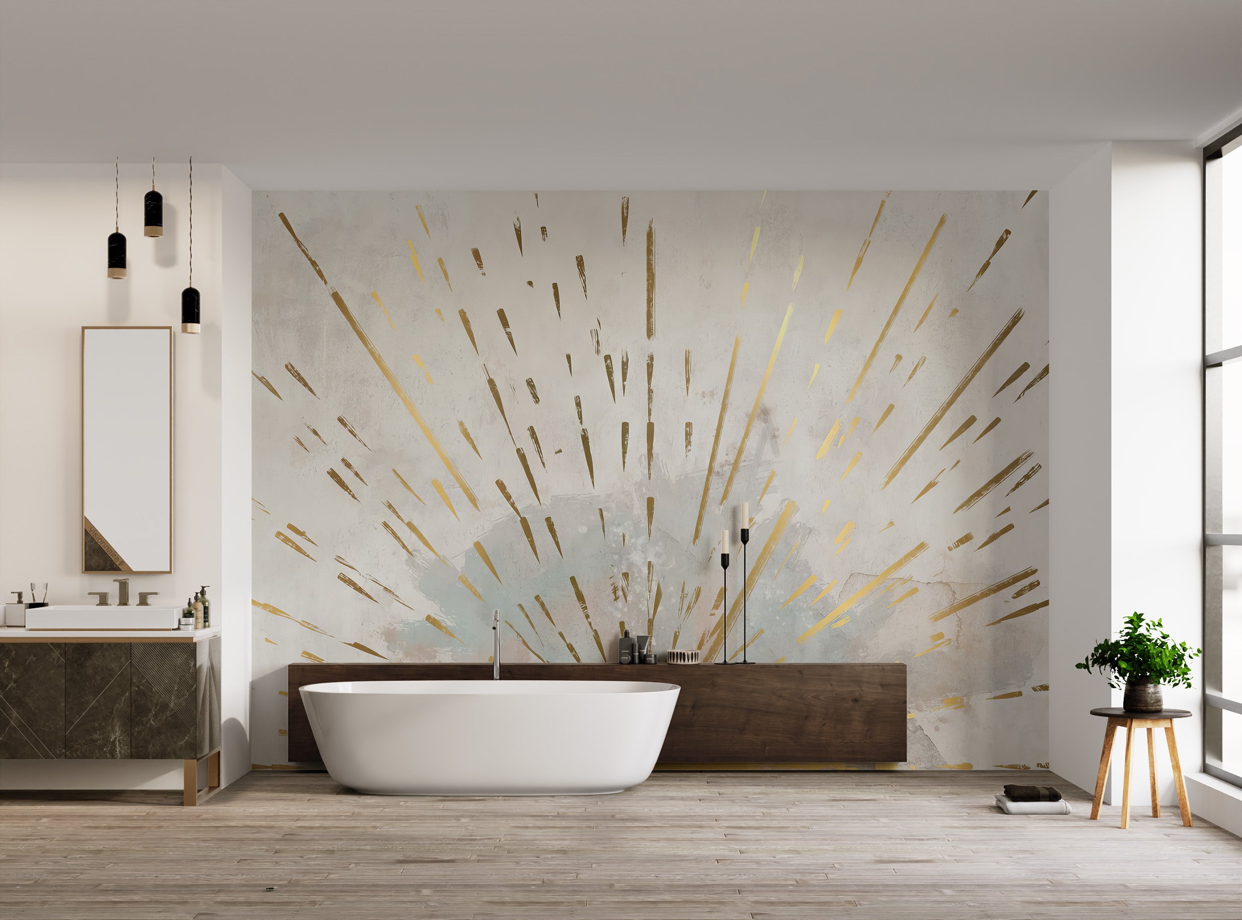 Bright sun with golden streaks spreading across a neutral wallpaper background.