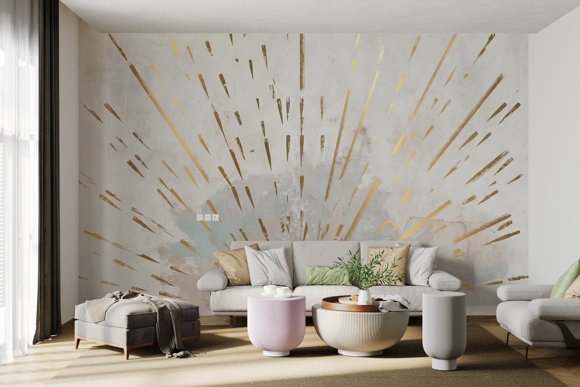 Abstract mural featuring a gold sunburst over a neutral, textured background.