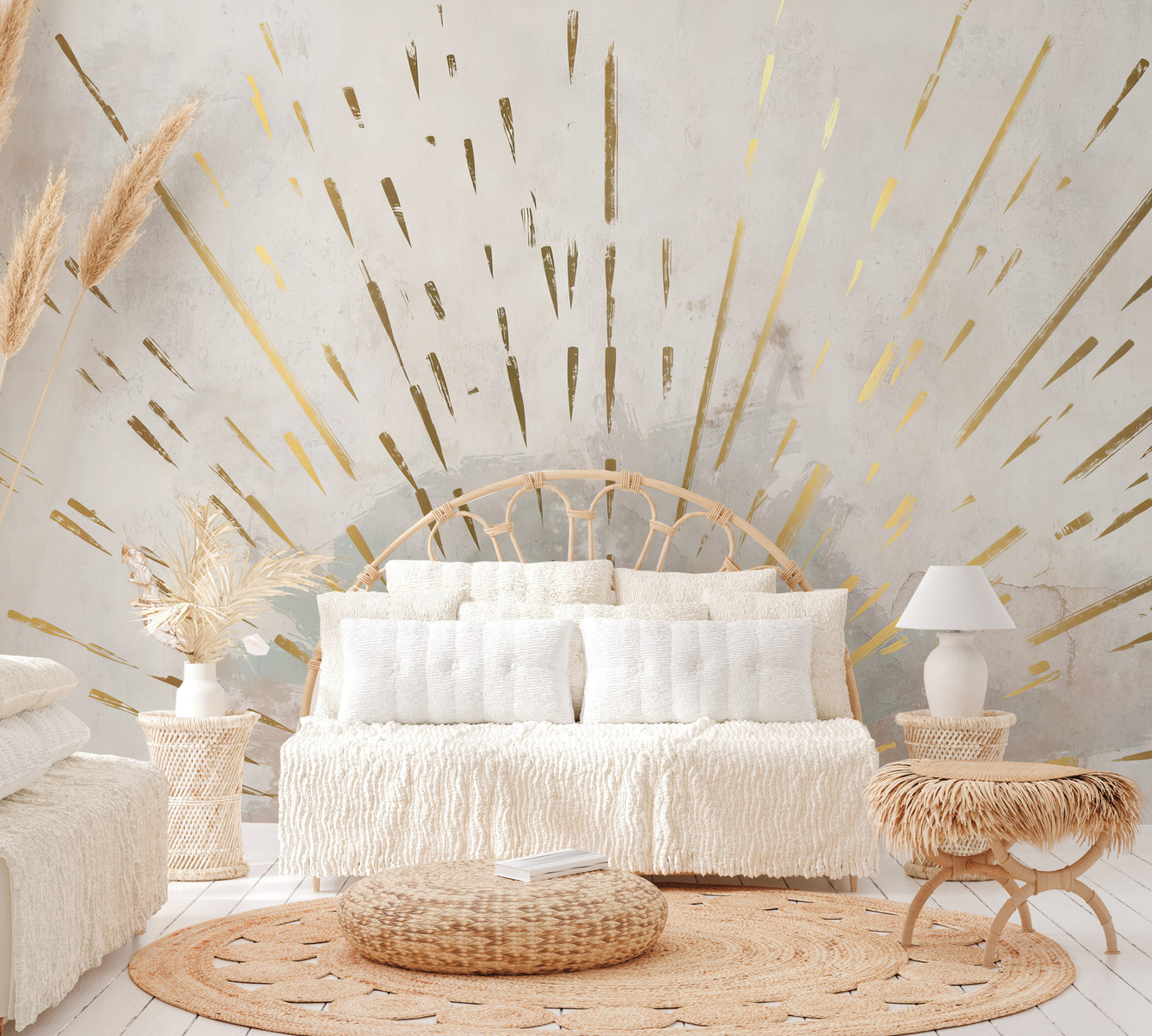 Golden sun rays bursting from the horizon in an abstract wallpaper mural.