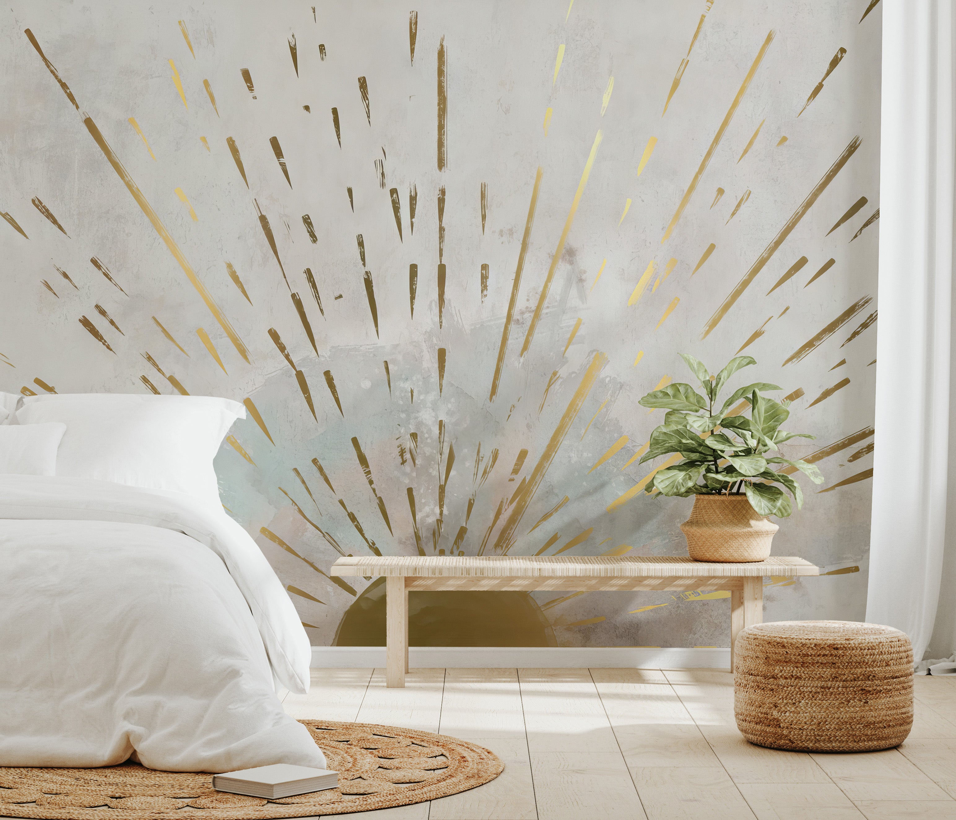 Radiant golden sunrise mural featuring bold lines and soft artistic textures.