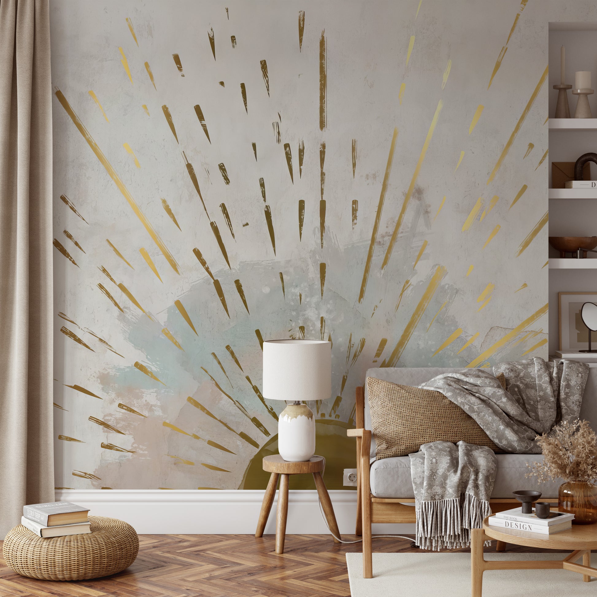 Radiating gold lines capturing the essence of sunrise on a subtle mural.