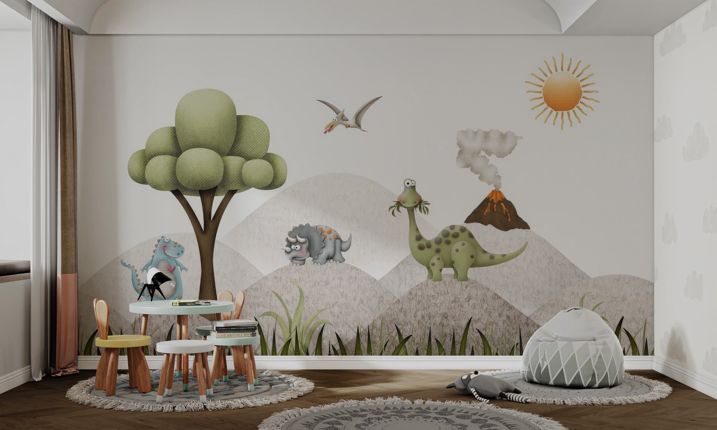 Playful Dino scene featuring friendly dinosaurs, volcano, tree, and flying pterosaur.