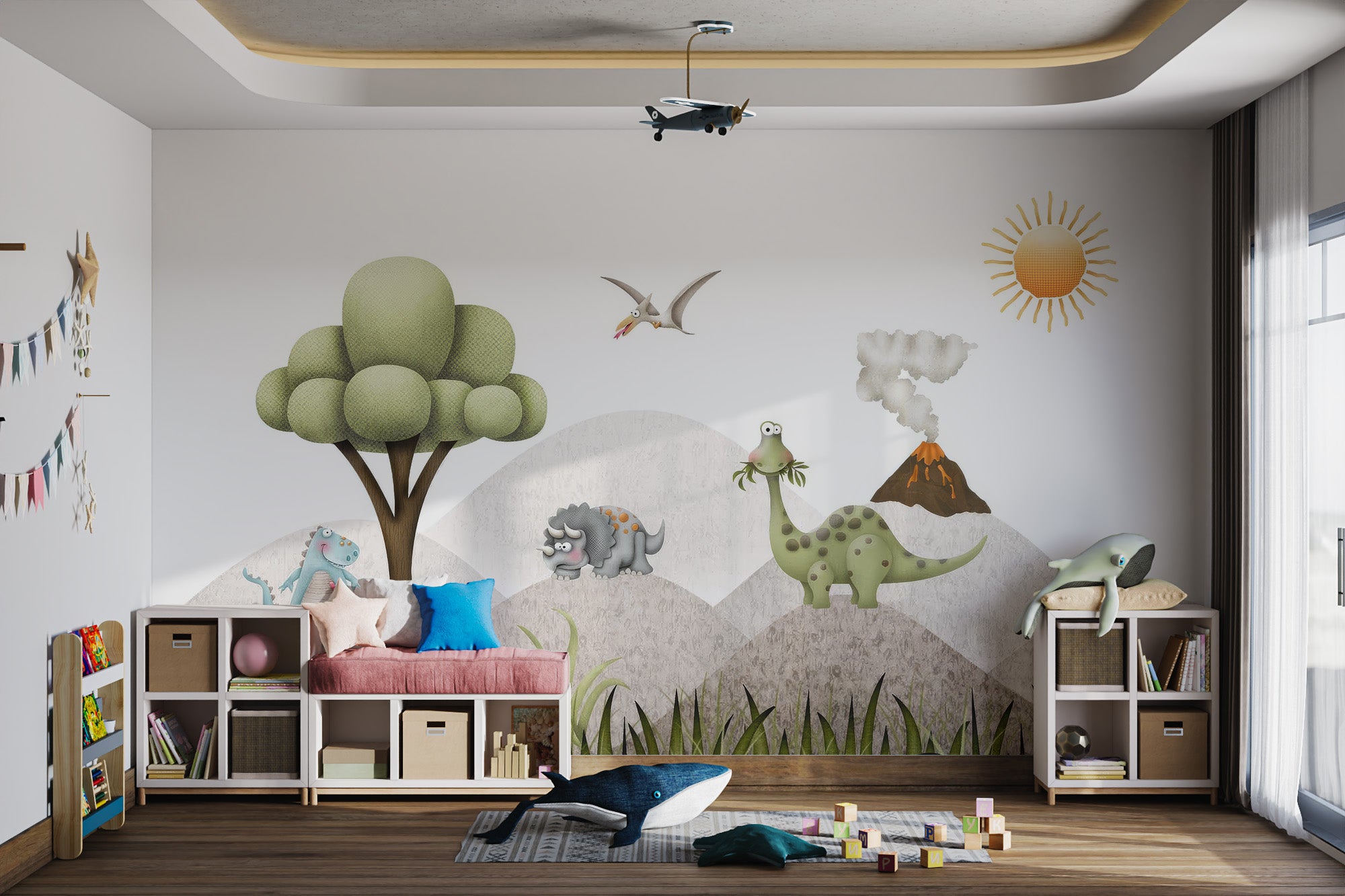 Cute dinosaur mural with green hills, volcano smoke, and cheerful prehistoric creatures.