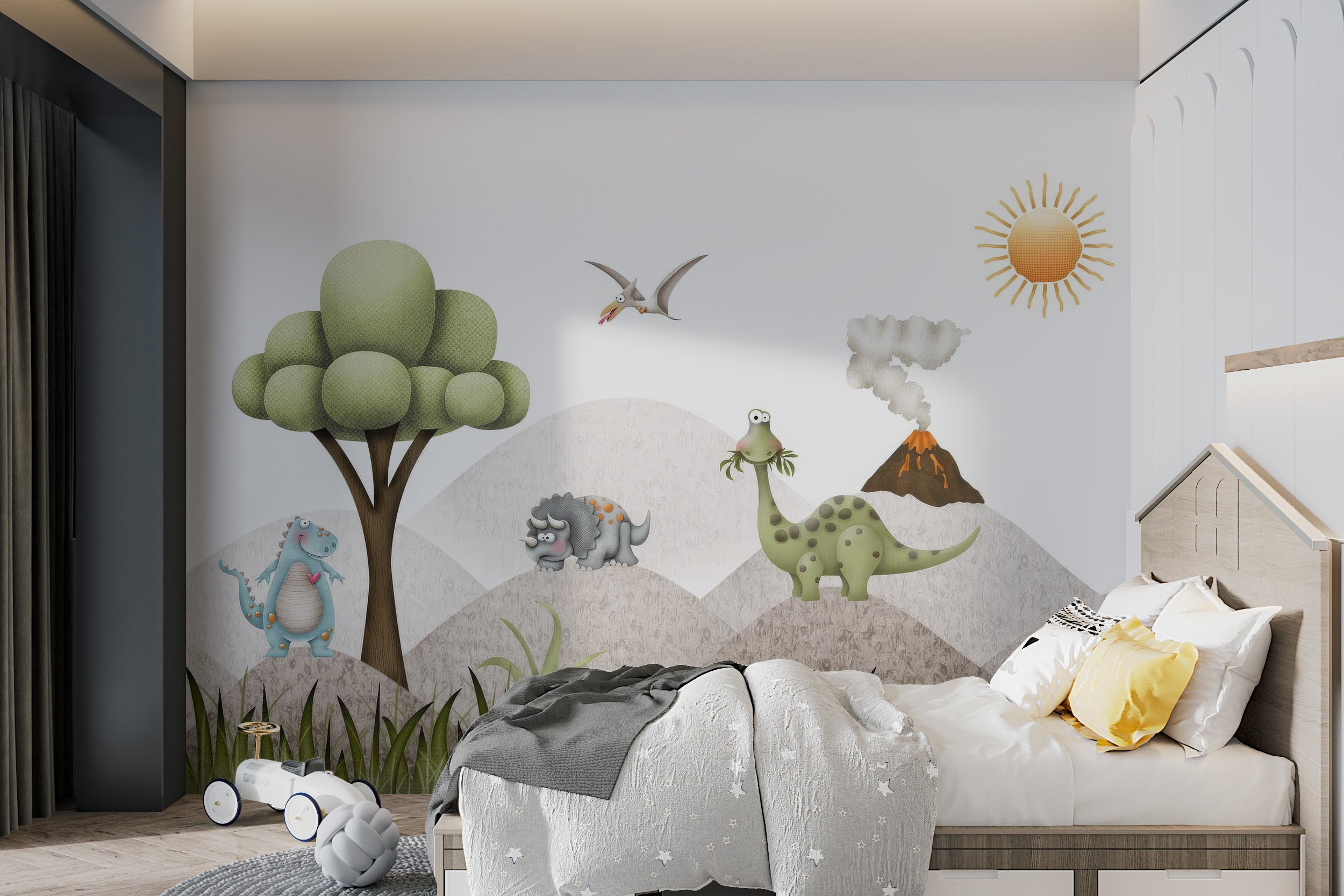 Dino wallpaper with playful brontosaurus, pterosaur, and triceratops on grassy hills.