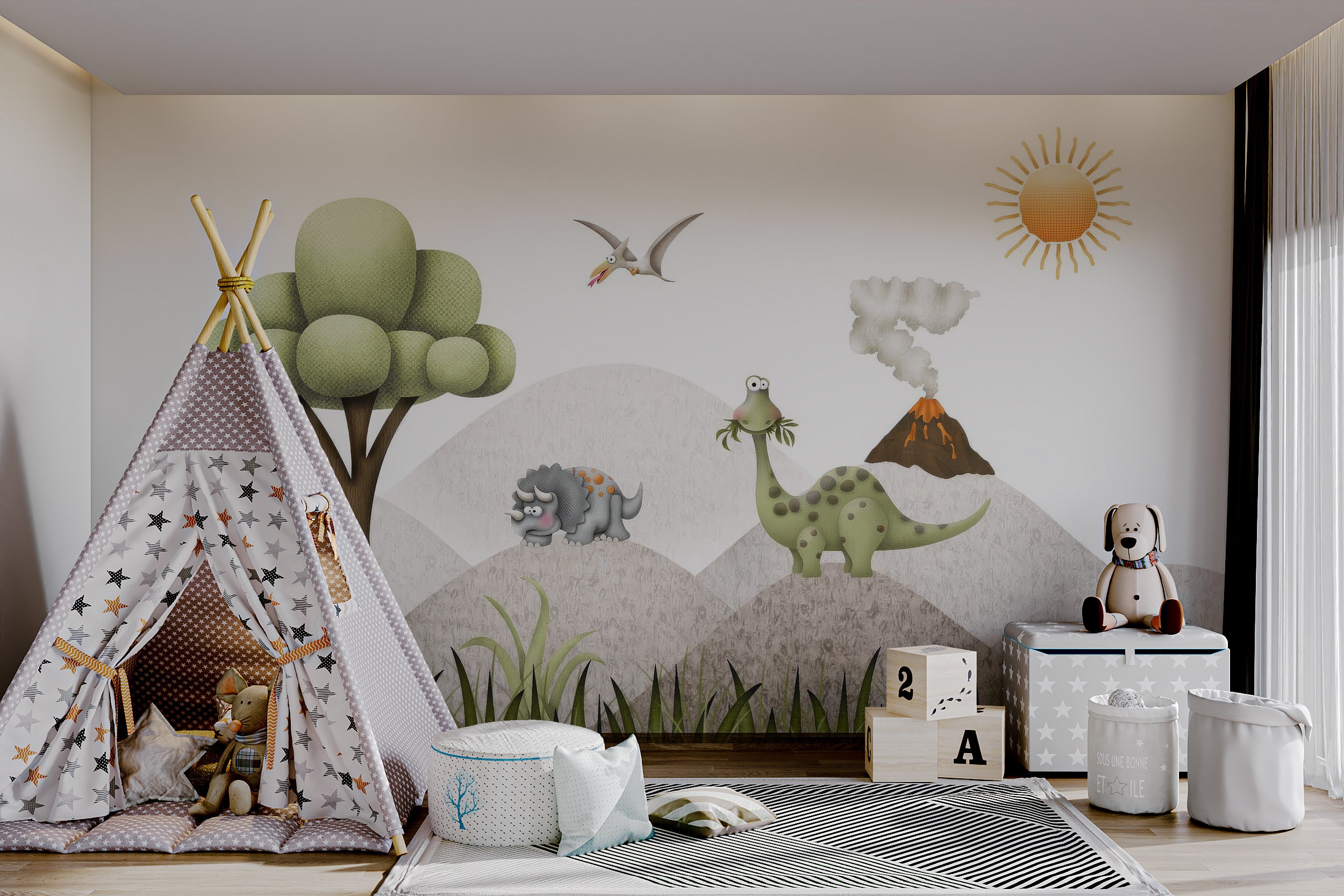 Colorful nursery wallpaper featuring dinosaurs, volcano smoke, and a bright sun.