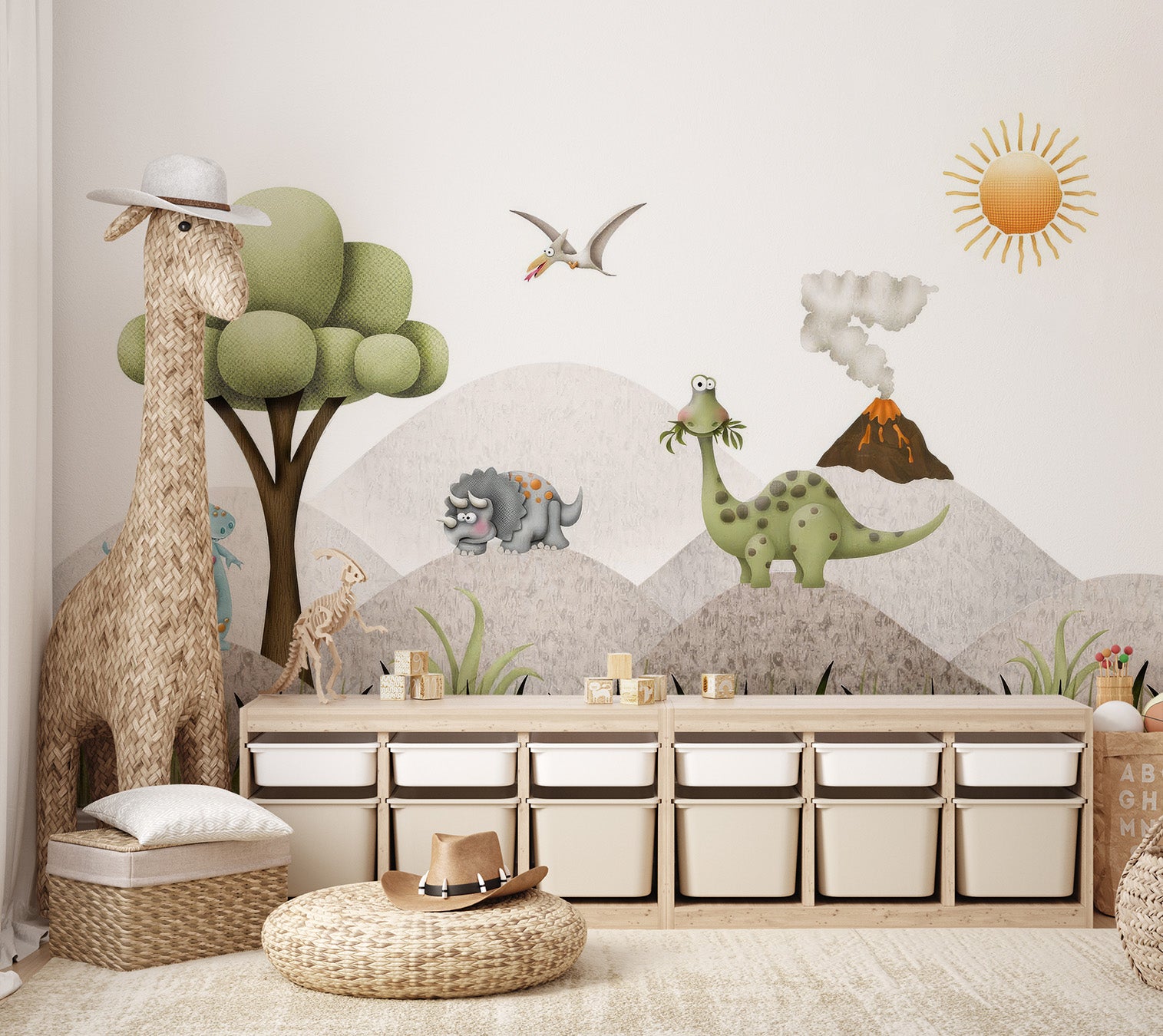 Whimsical dinosaur wallpaper with volcano, sun, and grassy landscape, perfect for kids' rooms.