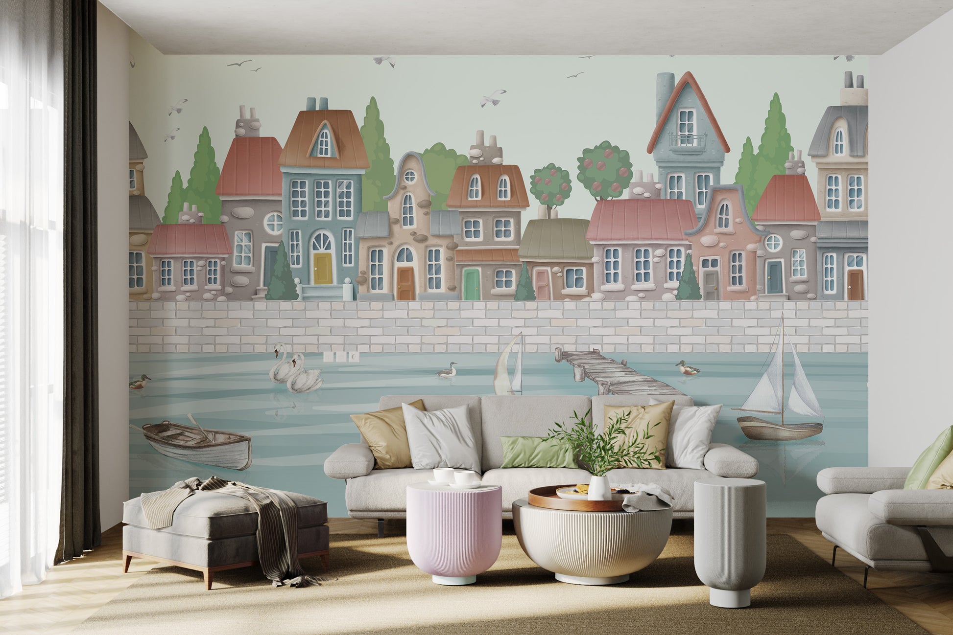 Waterfront mural featuring boats, swans, and quaint homes in pastel shades.