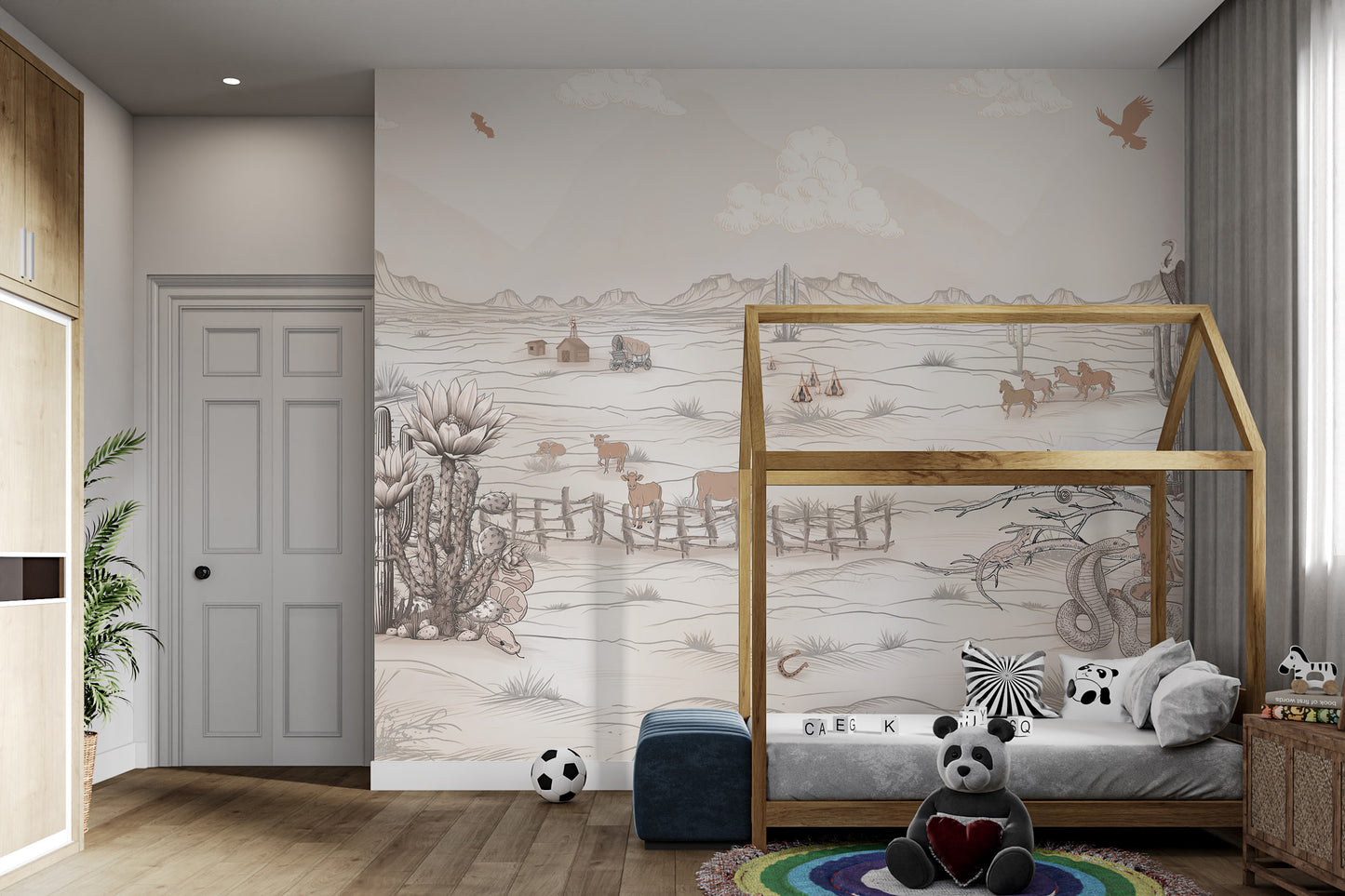 Wild West life mural with a wagon, horses, and desert animals.