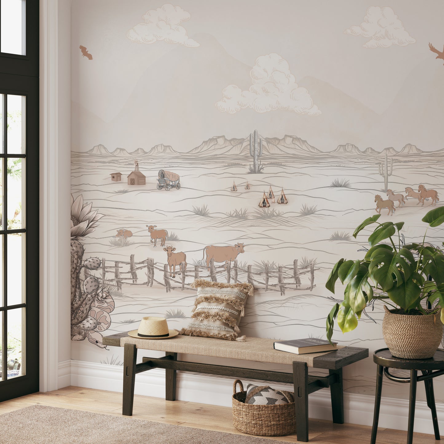 Wallpaper mural with tipi tents, horses, and a desert landscape.