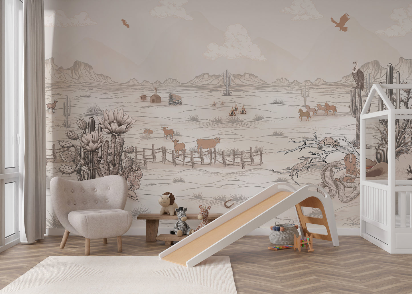 Western-themed mural with animals, plants, and desert scenery.