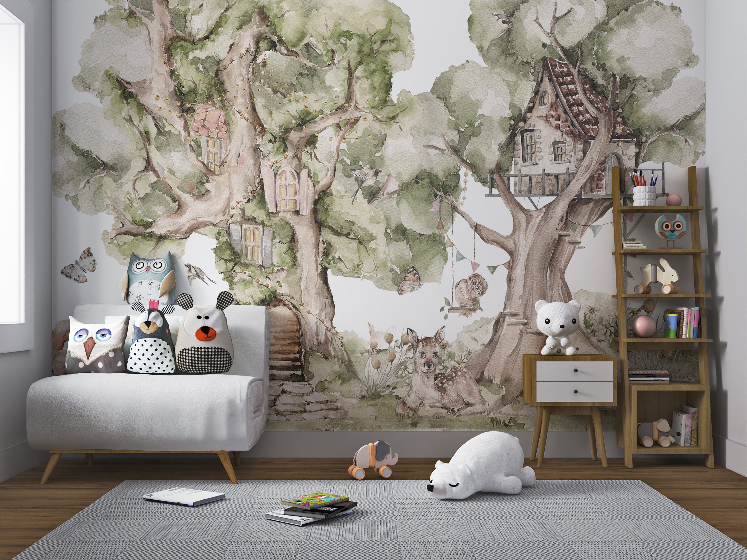 Watercolor mural with tree cottages and whimsical animals in a forest setting.