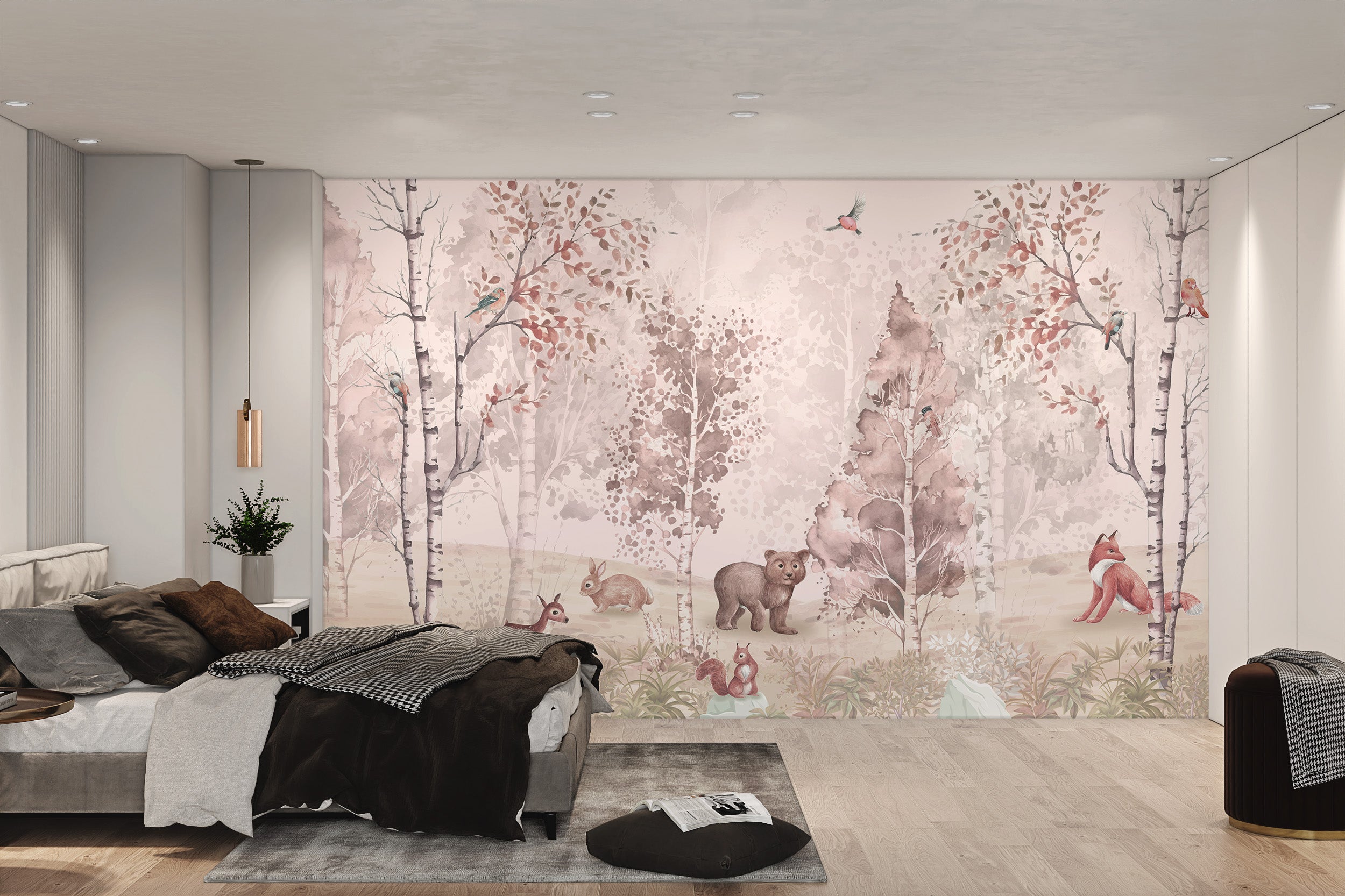 Playful woodland animals mural with birds, hedgehog, and deer in pastel tones.