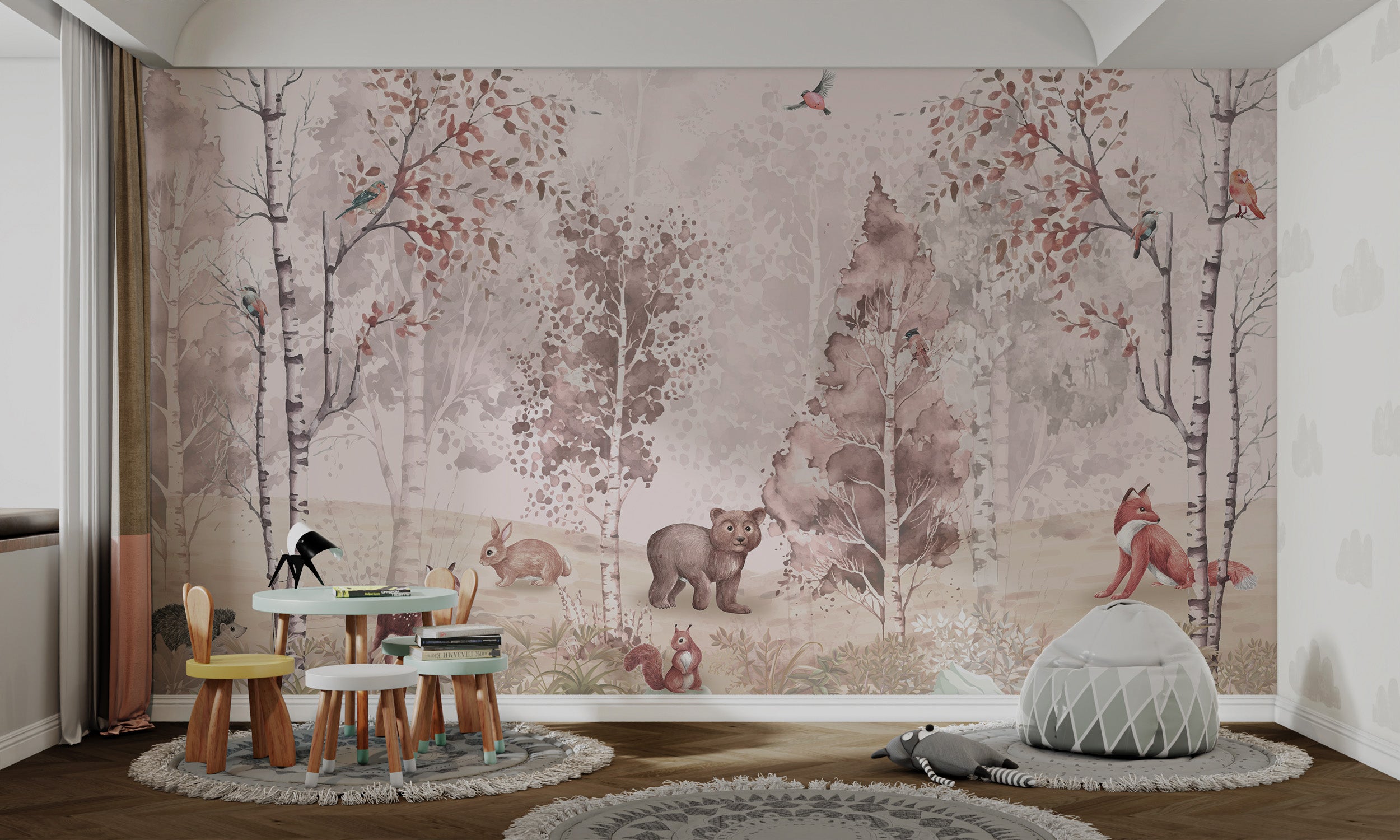 Forest animals mural with rabbits, squirrels, and birds in a pastel woodland setting.