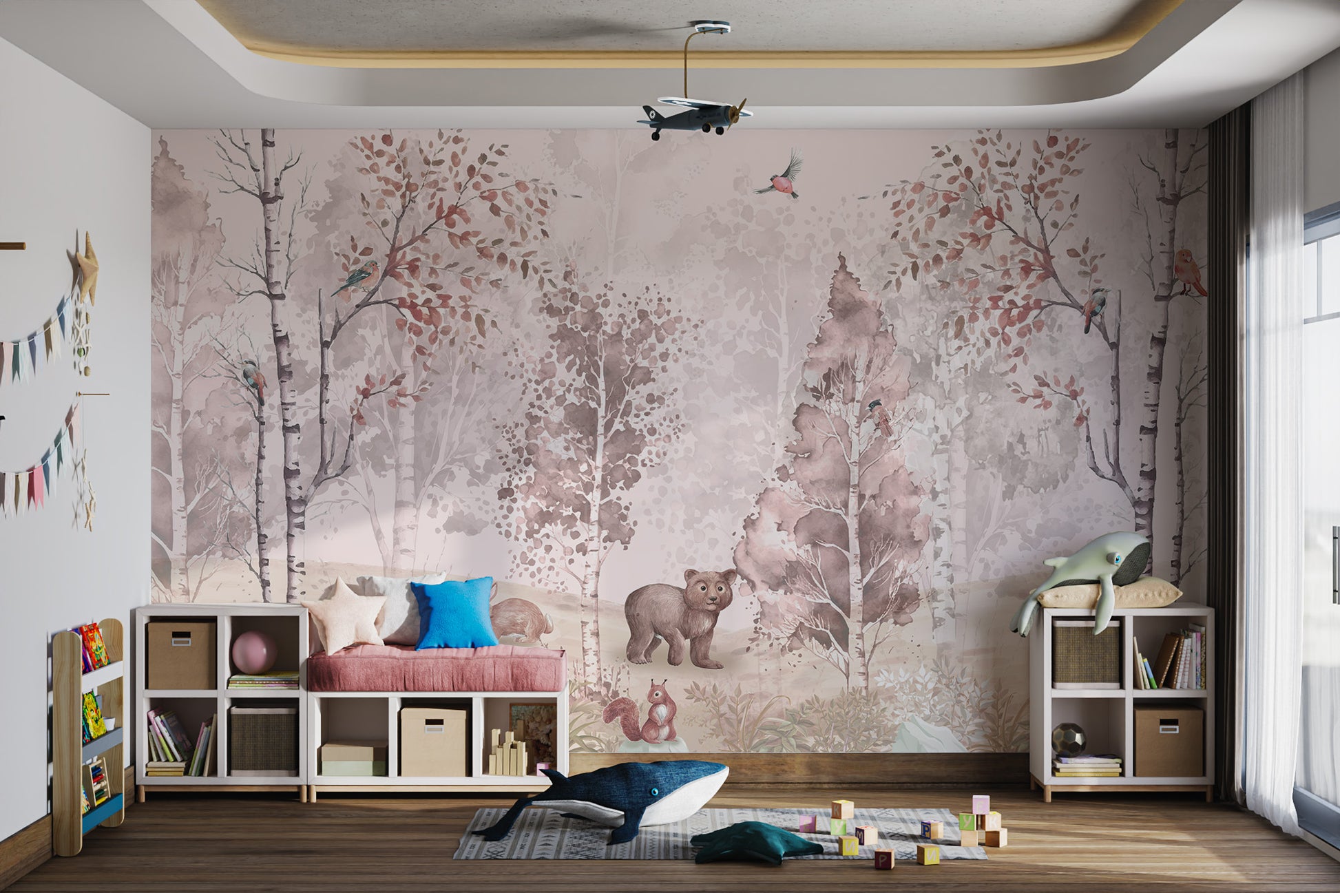 Pastel forest wallpaper mural with fox, bear, and trees for kids' room decor.