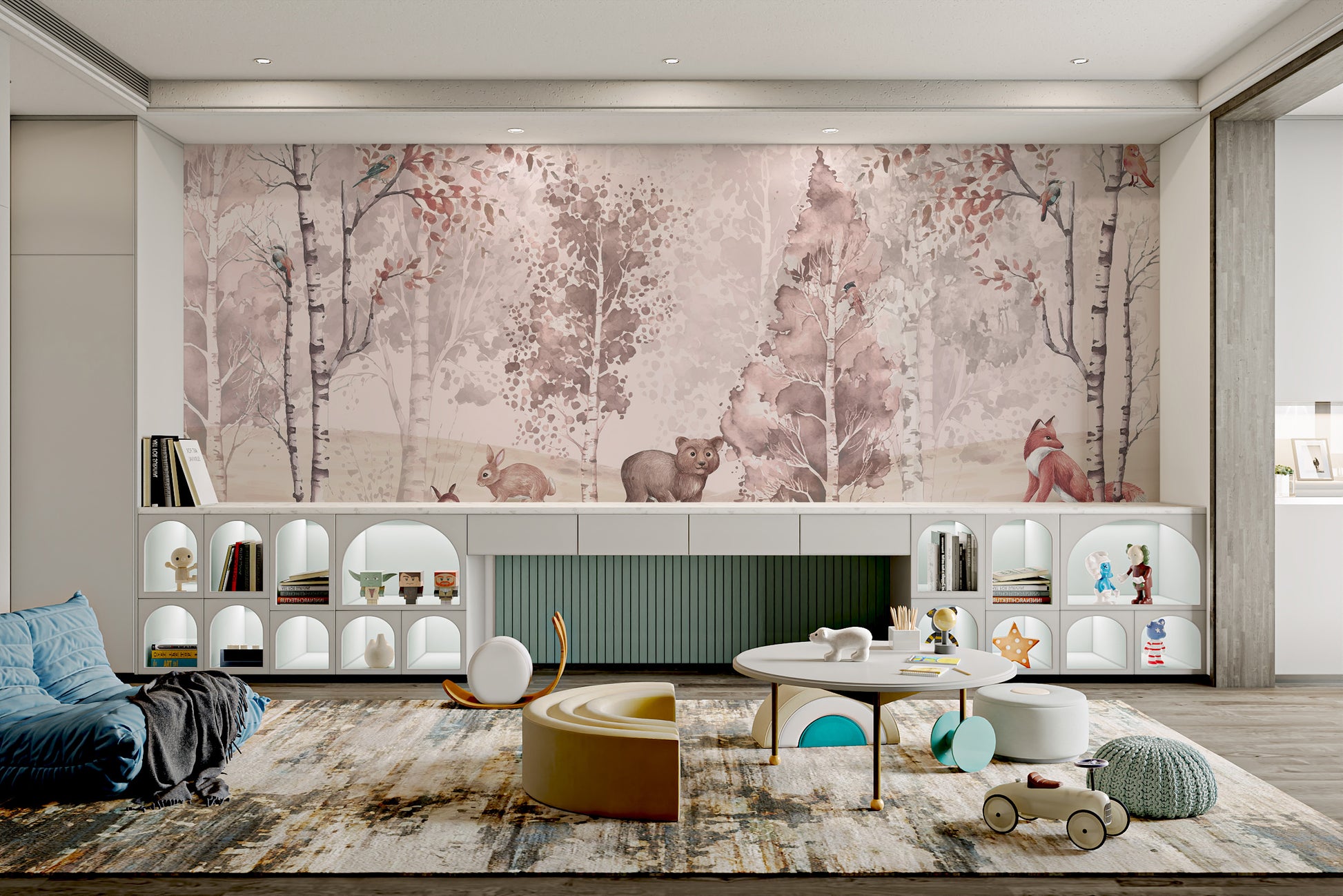 Soft-colored wallpaper mural with woodland animals under birch trees.