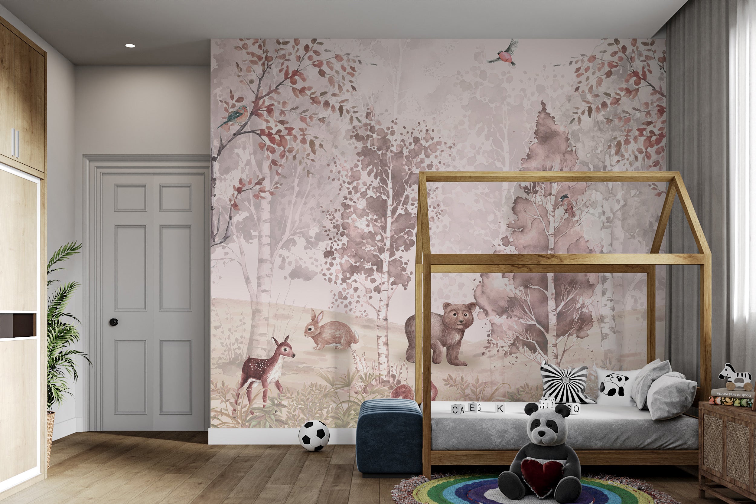 Pastel-toned mural featuring woodland animals and birch trees for children’s room.