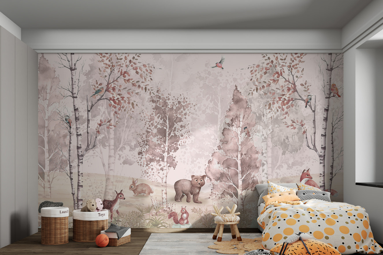 Whimsical forest mural with fox, bear, rabbits, birds, and trees in soft pastel tones.