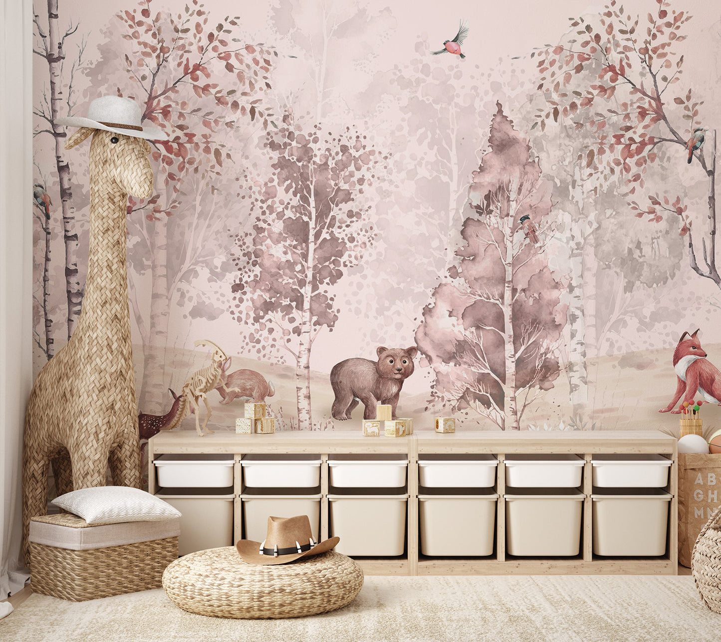 Charming woodland scene featuring a bear, fox, and deer among pastel birch trees.