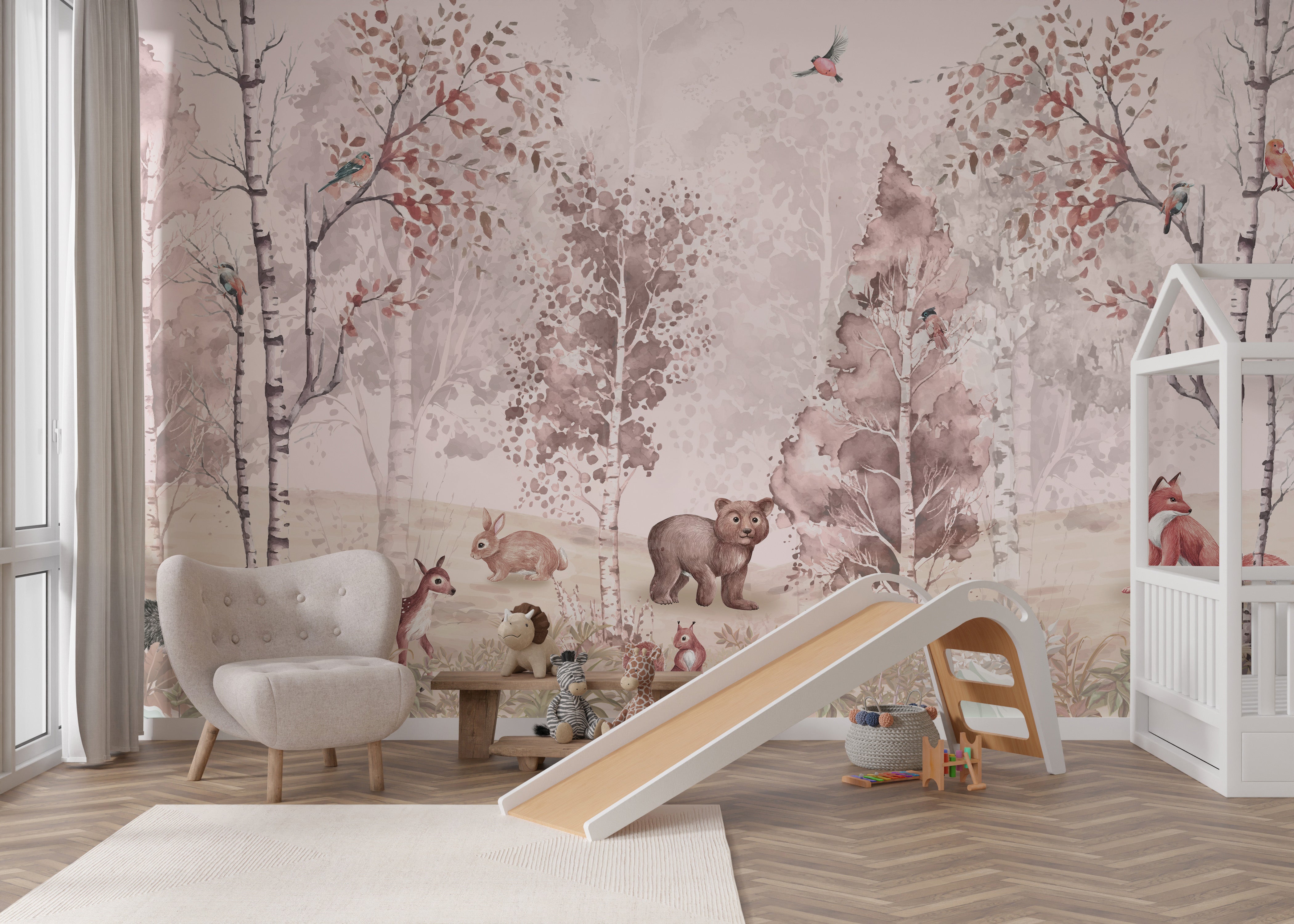 Peaceful forest mural featuring playful animals and soft-toned foliage.