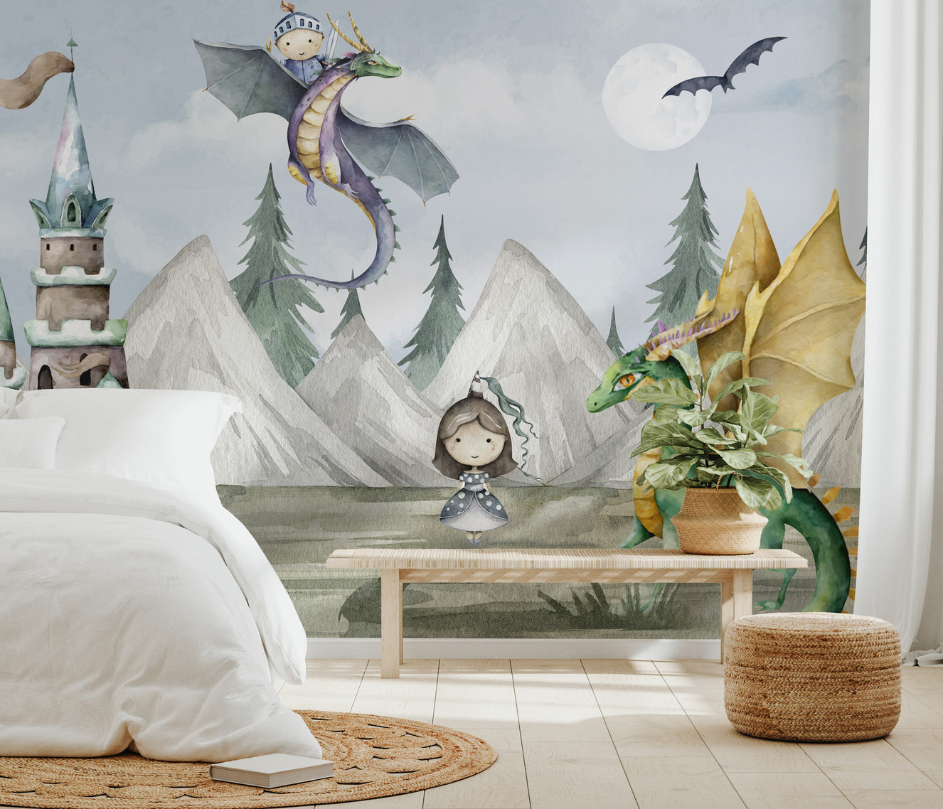 Fairytale kingdom mural featuring dragons, castle, and knight flying through skies.