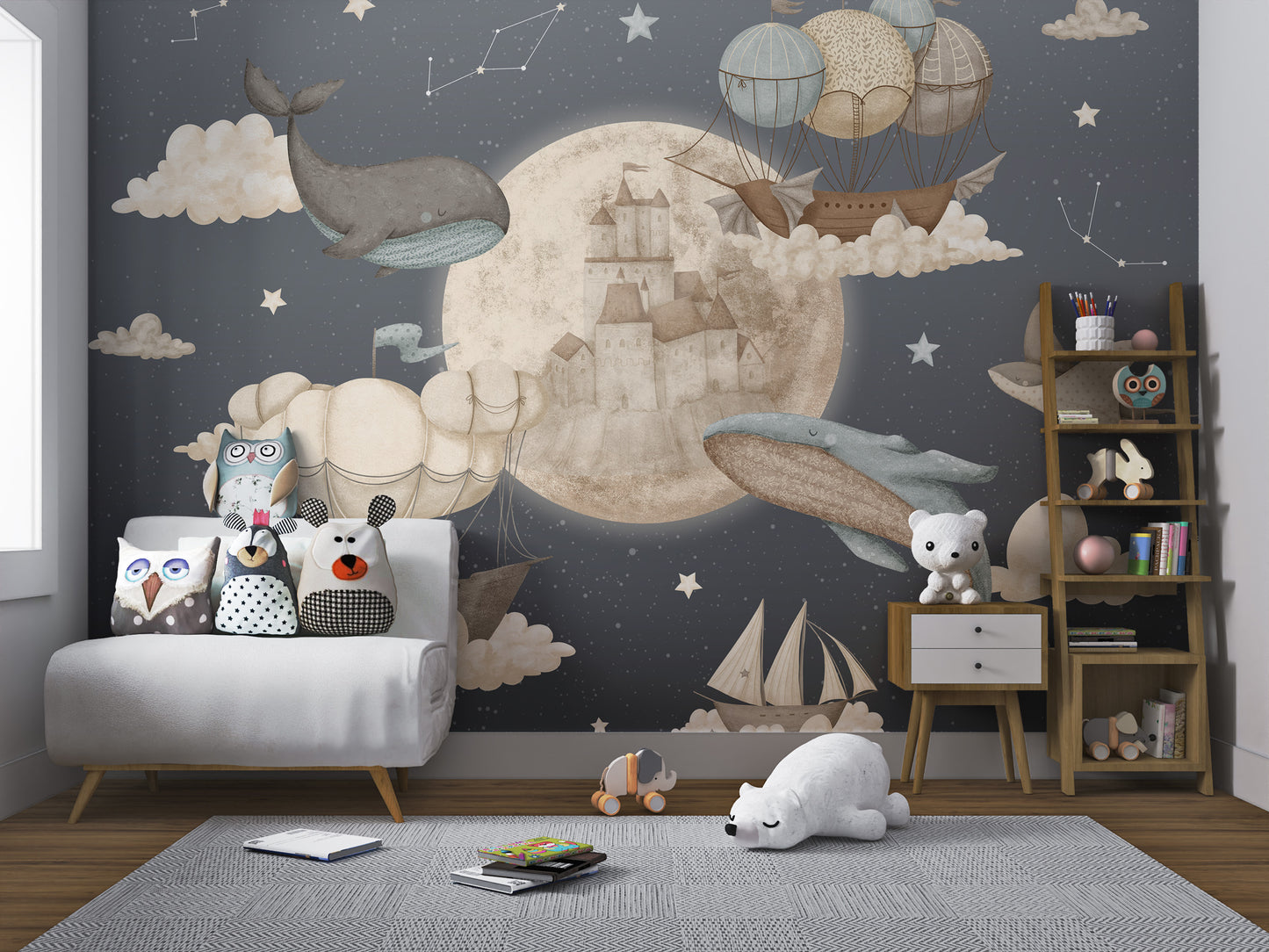 Playful wallpaper featuring clouds, ships, whales, and a large celestial moon.