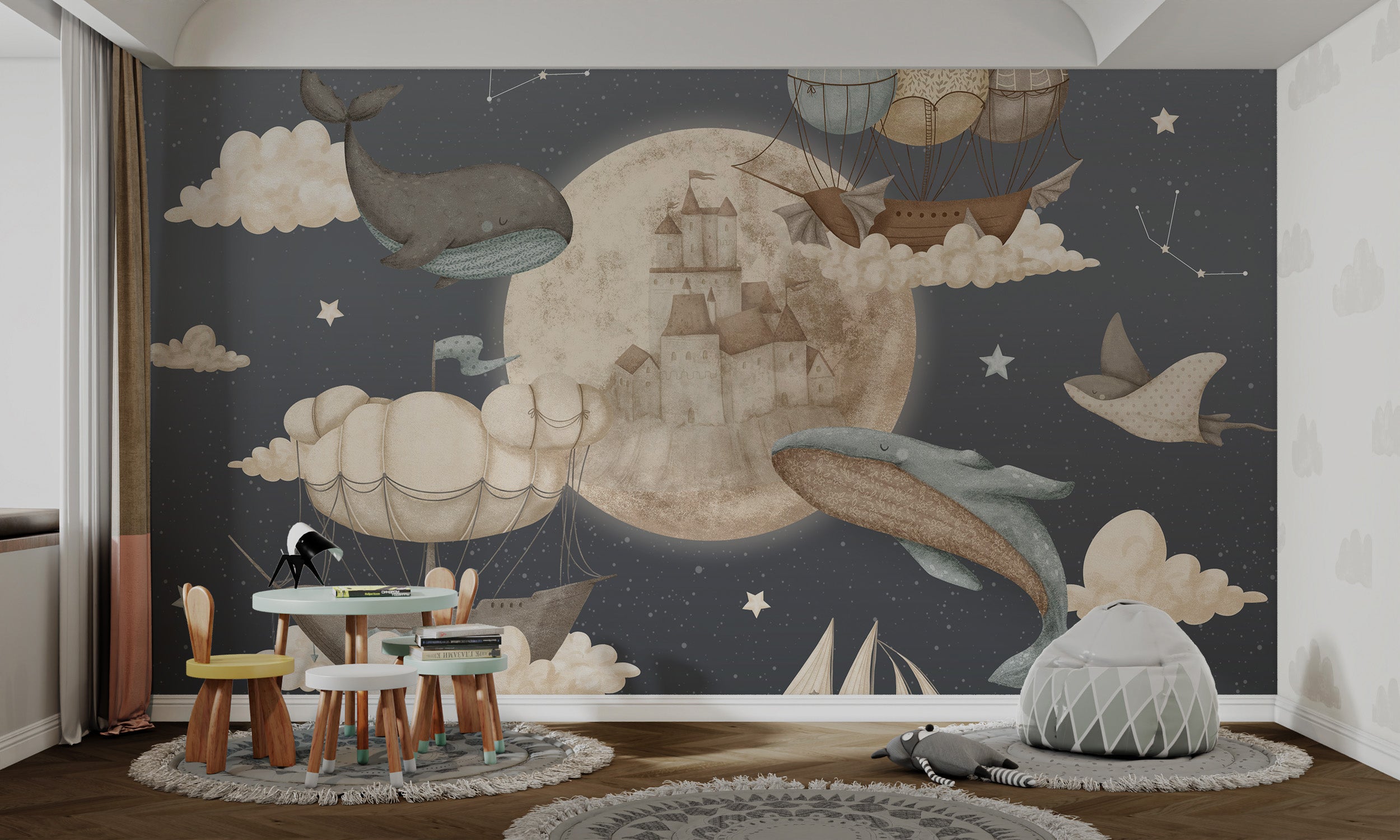 Wallpaper mural with airships, whimsical whales, and a serene castle on the moon.