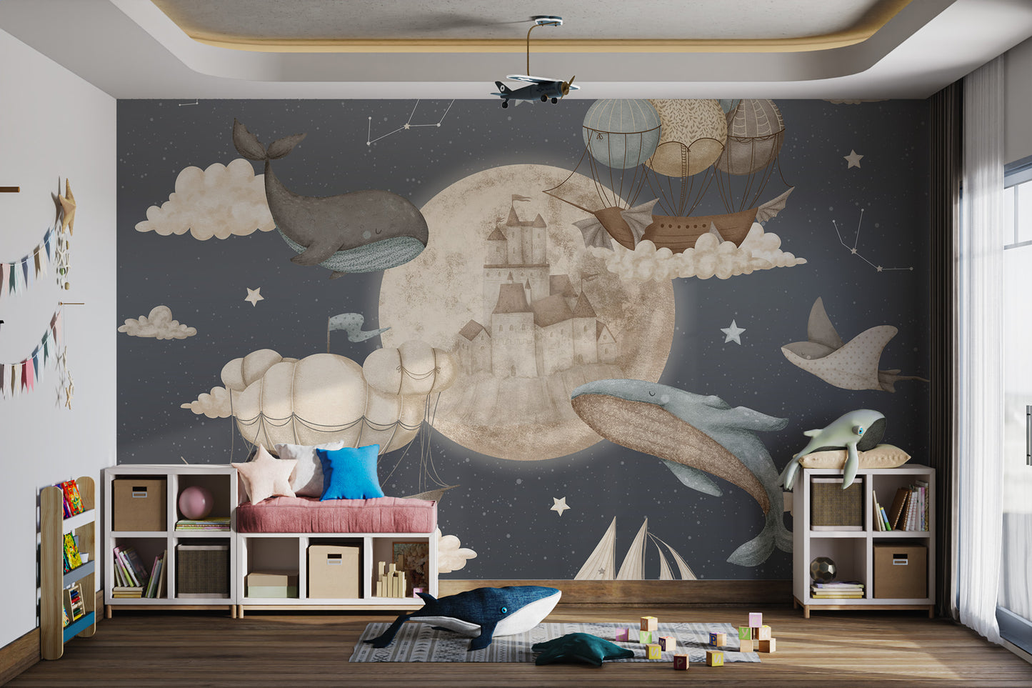 Whimsical mural with flying ships, dolphins, and whales floating near a glowing moon.